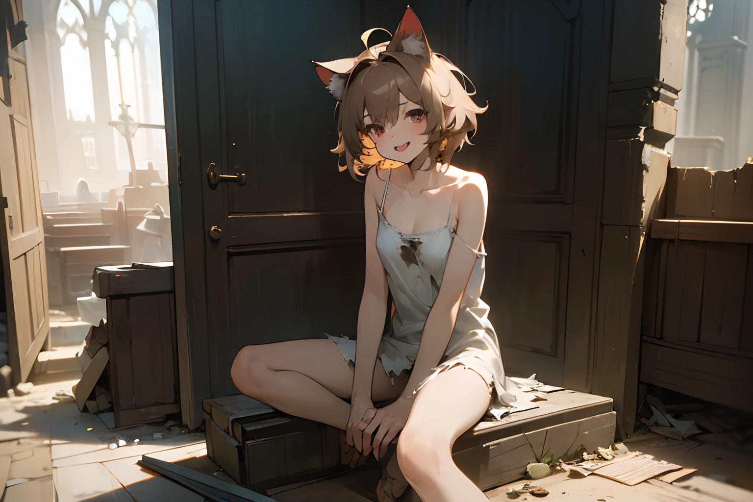 ((Masterpiece)), 8K,, cinematic lighting, very messy hair,(Sitting in entrance of the beautiful clean church), (exposed breast, badly tattered and torn dirty oversized white-camisole, Slender small breasts, tongue out), slum townscape, Textured skin, cat ears, pale brown hair, Cute Beautiful girl