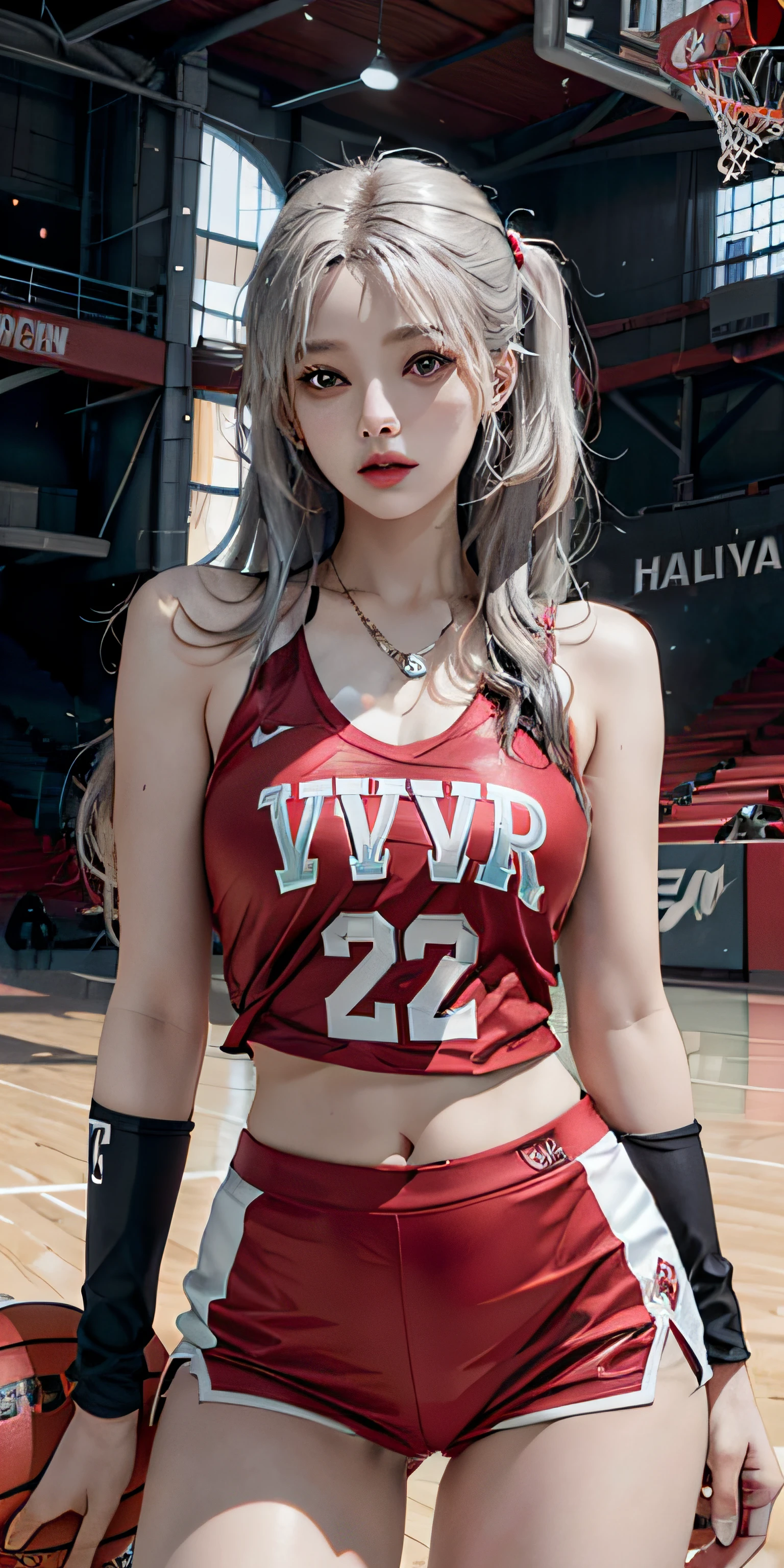 photorealistic, high resolution, soft light,1women, solo, hips up, (detailed face), jewelry, harley quinn, jewelry, tattoo, Red Basketball Uniform、Luxurious indoor sports stadium、basketball court