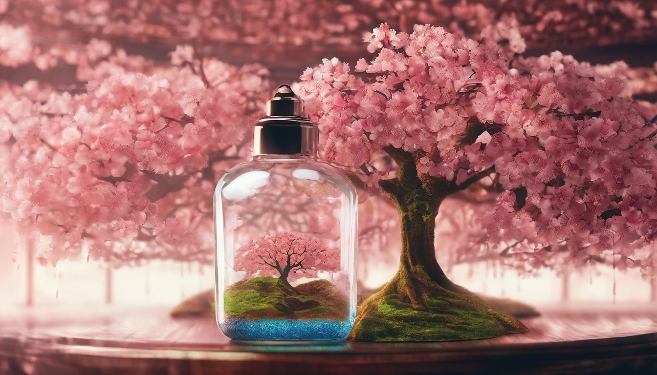 sakura tree in a bottle, fluffy, realistic, atmospheric light refraction, by lee jeffries nikon d850 film stock photograph 4 kodak portra 400 camera f1.6 lens rich colors hyper realistic lifelike texture dramatic lighting unreal engine trending on artstation cinestill 800, Style-Glass