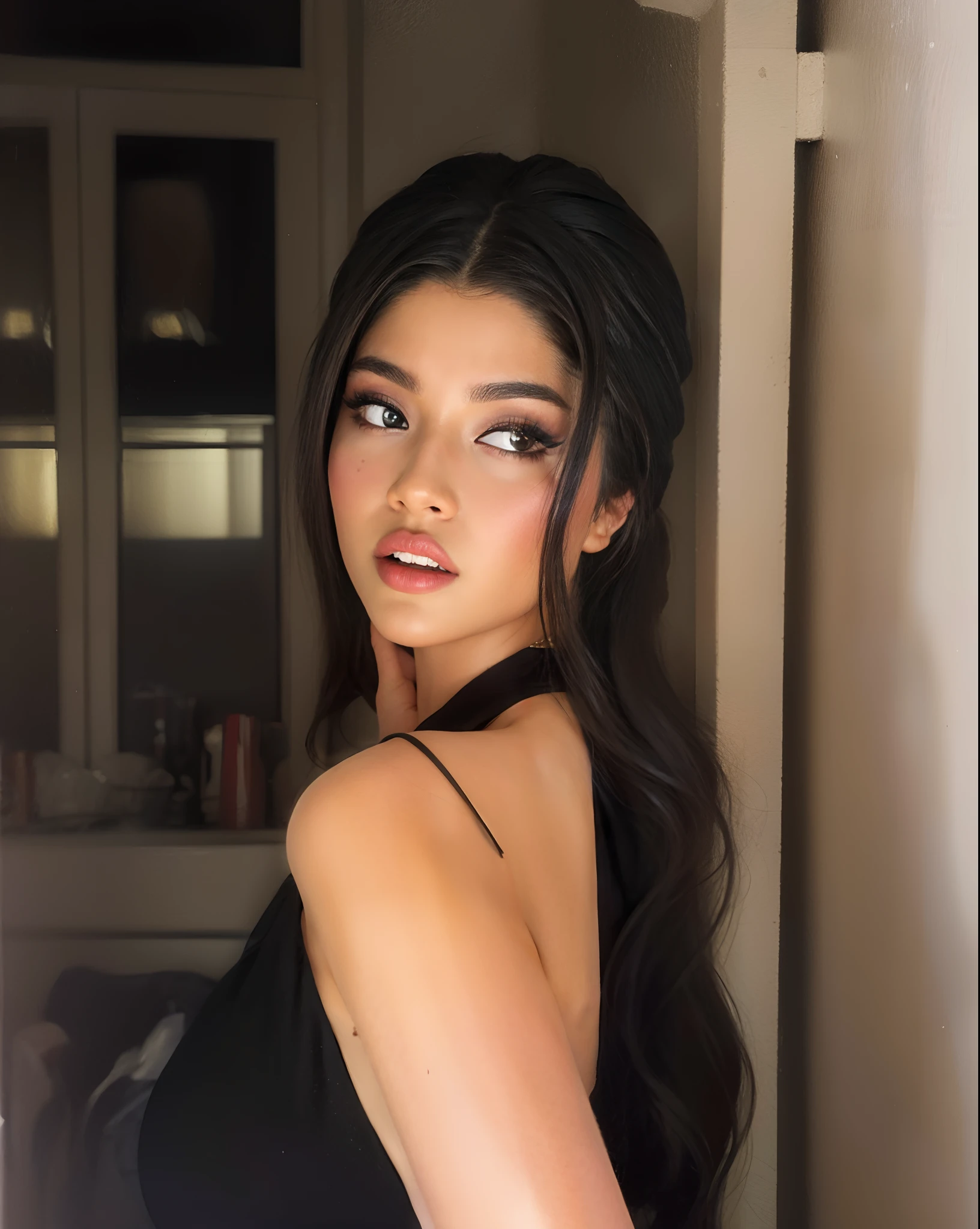Mujer araffed con cabello largo y oscuro y un vestido negro, 18 years old, Kylie Jenner, 1 6 years, Belleza asombrosa, Hailee Steinfeld, Zendaya, Aspecto sensual, El rostro de absurdamente bello, mirada traviesa, Aspecto genial, Belleza asombrosa, cara muy bonita, Retrato de Zendaya, Cara impecable