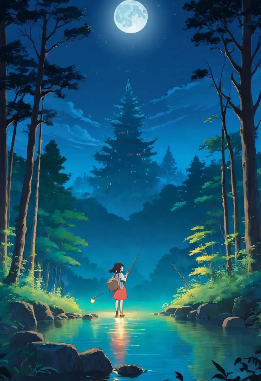 Forest at night,with full moon in the sky,There was a girl fishing by the river