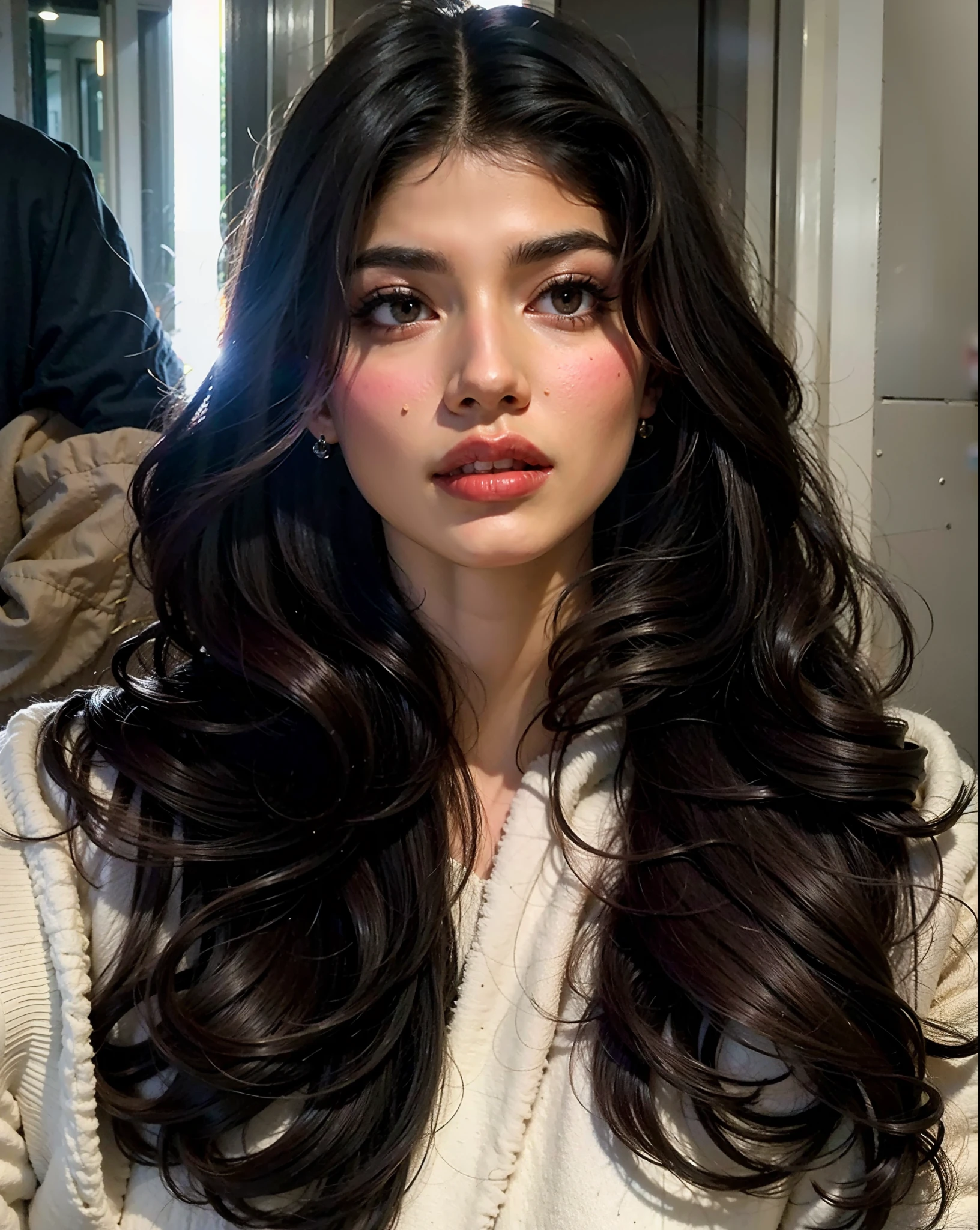 Araffed woman with long dark hair and a white robe, Cerveza Madison, Retrato de la chica cervecera de Madison, Retrato de Zendaya, Zendaya, brown long hair with bangs, Belleza asombrosa, largo, loose brown hair, Cerveza Soft Devil Queen Madison, con el pelo largo, Belleza asombrosa, Hermosa cara latina, Julia Sarda, long brown hair, con cabello largo y oscuro