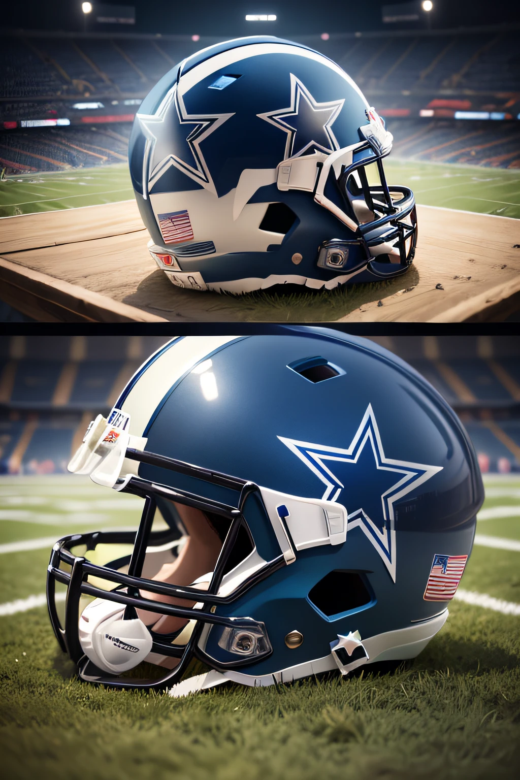 CREATE A HELMET USED IN AMERICAN FOOTBALL WITH THE DALLAS COWBOYS SYMBOL, REALISTIC IMAGES, 4K, WITH DALLAS COWBOYS COLORS