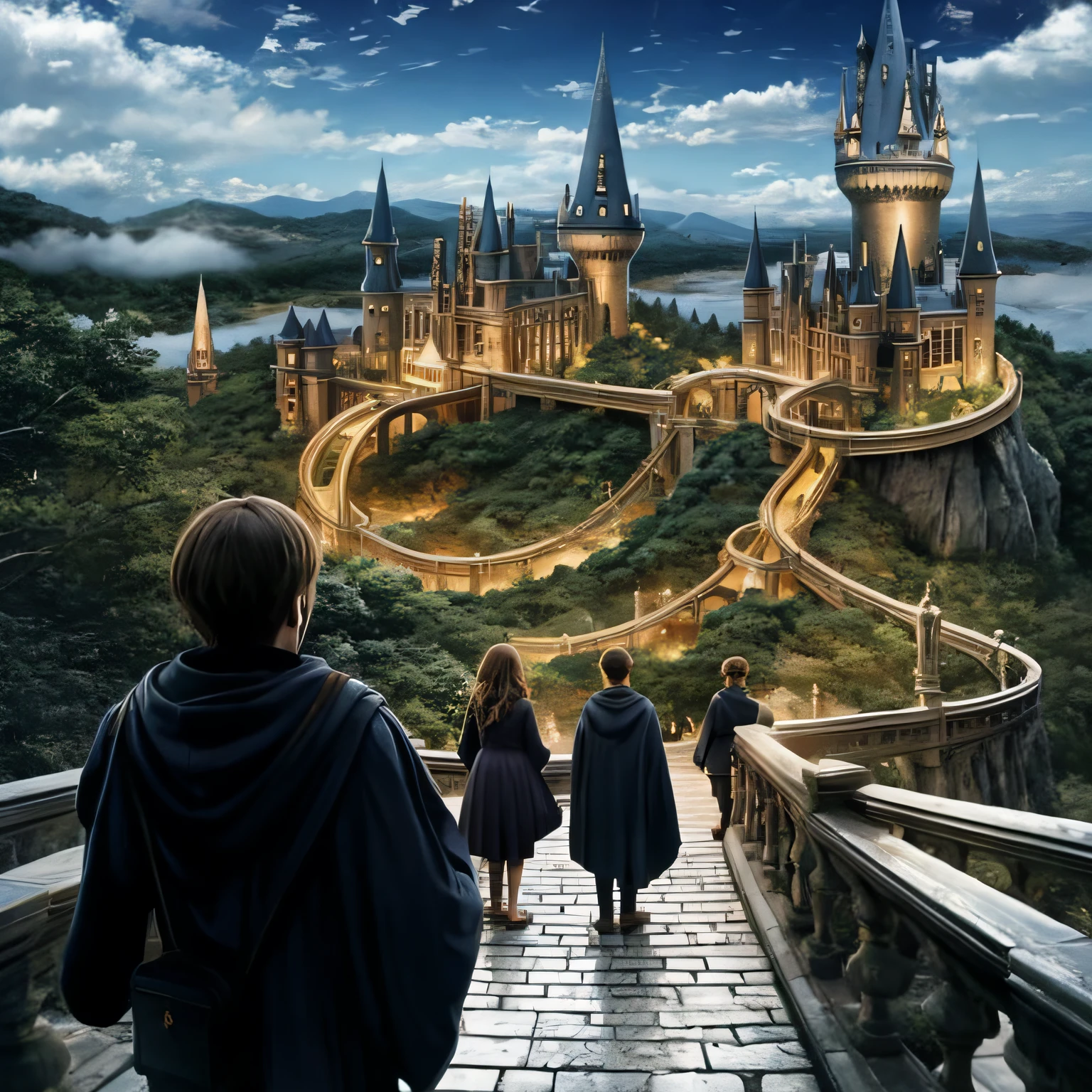 wizarding world, uma escola ao fundo e cinco jovens, Three men and two women on their backs.