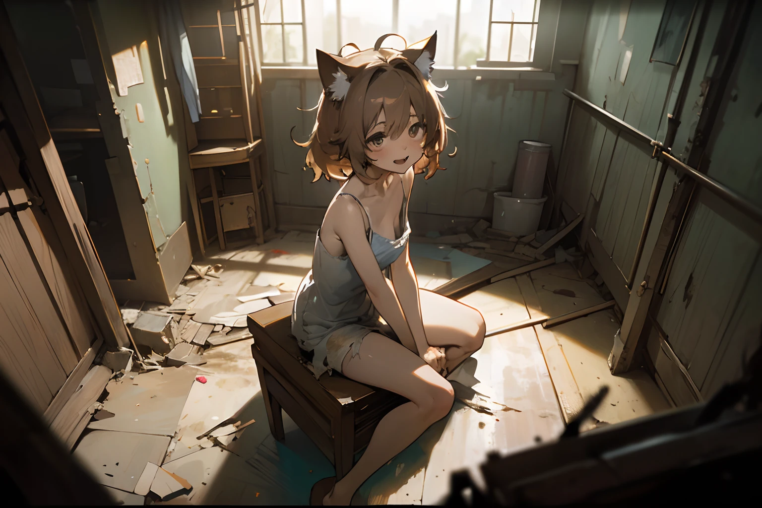 ((Masterpiece)), 8K, from super low-angle,wide shot, cinematic lighting, very messy hair,(Sitting in entrance of the pure clean church), (exposed breast, badly tattered and torn dirty oversized white-camisole, Slender small breasts, smile and open big mouth), slum townscape, Textured skin, cat ears, pale brown hair, Cute Beautiful girl