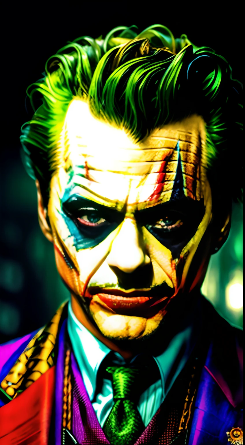 (extremely detailed 8k wallpaper), a medium shot photo of Robert Downey Jr as a the joker, Intricate, High Detail, dramatic, wrecked city background