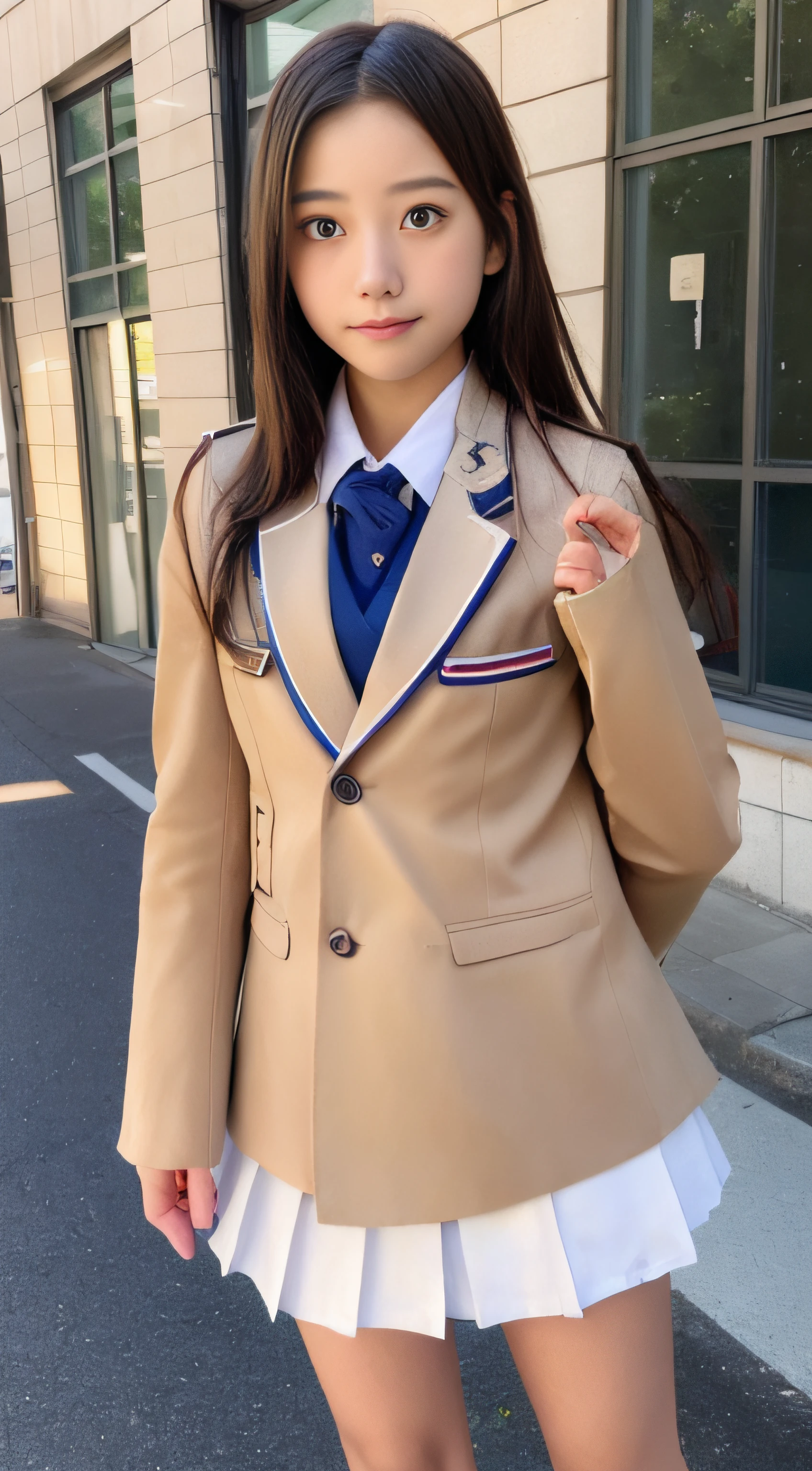 NSFW, SFW、Realistic lighting、top-quality、8K、masterpiece:1.3)、32K、(1girl in:1.5)、japanes、(Composition from the knee up:1.7)、medium distance shot、(High school girl in uniform with blazer and miniskirt:2.0)、(summer clothing:1.3)、((small tits:1.8))、((skinny body:2.0))、My chest fluttered:1.8、((Ultra Slim Body Beauty:1.4))、(Slim abs:1.1)、((Light brown long hair))、(outside of house:1.1)、City Street、Superfine Face、Fine eyes、二重まぶた