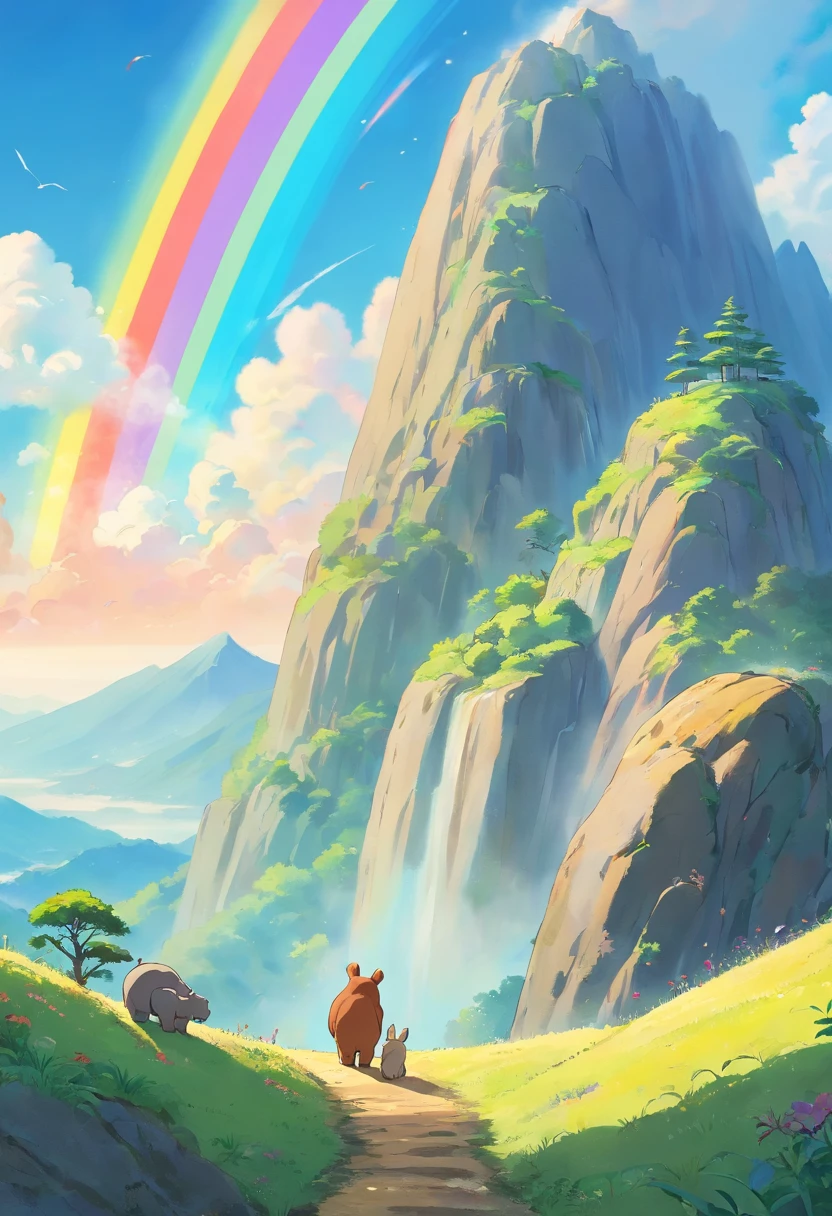 A rainbow appears on a mountain,There is a rabbit and a bear on the ground,There is an elephant in the distance