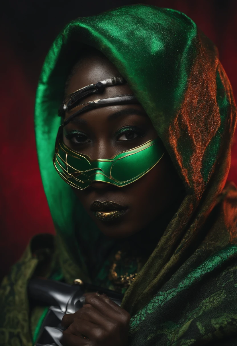 African personagen in black and green kimono mask and hood with a cyberpunk style katana at the waist