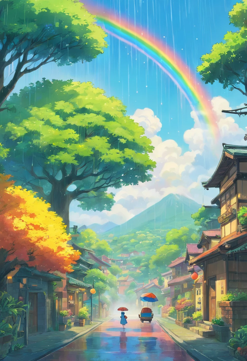 It was raining,There is a rainbow in the sky,A lot of fruit falls under one tree
