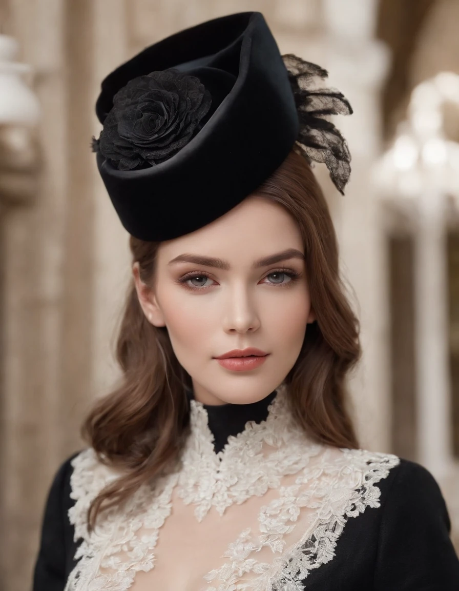 a model wears a black coat and a white hat,beautiful face, in the style of 32k uhd, rococo elegance, vintage-inspired designs, bold curves, ferrania p30, limited color range, magazine cover,upper body 会