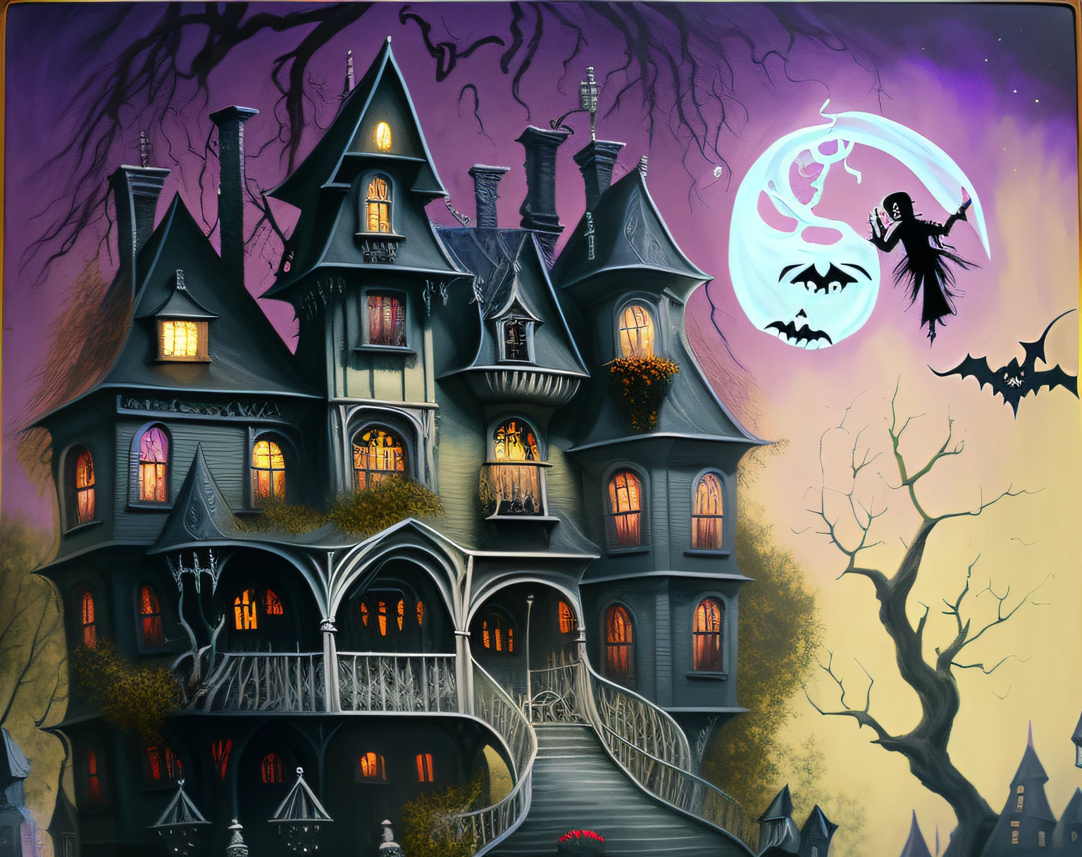 painting of a house with a witch flying over it, spooky mansion, haunted house themed, haunted house, gothic mansion, halloween scene, ultra detailed haunted house, haunted painting, haunting and spooky, detailed 3d gothic oil painting, haunted gothic hotel, haunted house interior, haunted mansion, by Jeka Kemp, mansion, haunting!, by Eileen Aldridge, by Rob Alexander