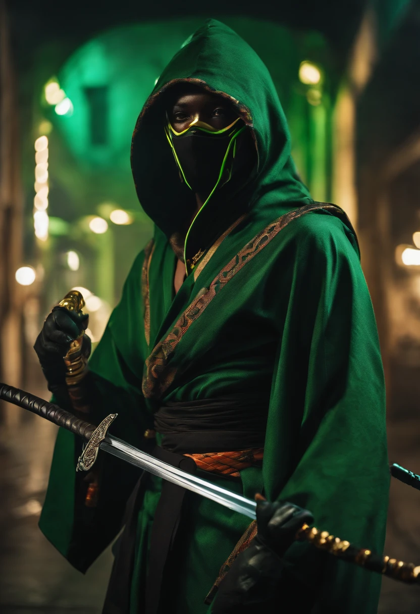 African personagen in black and green kimono mask and hood with a cyberpunk style katana at the waist