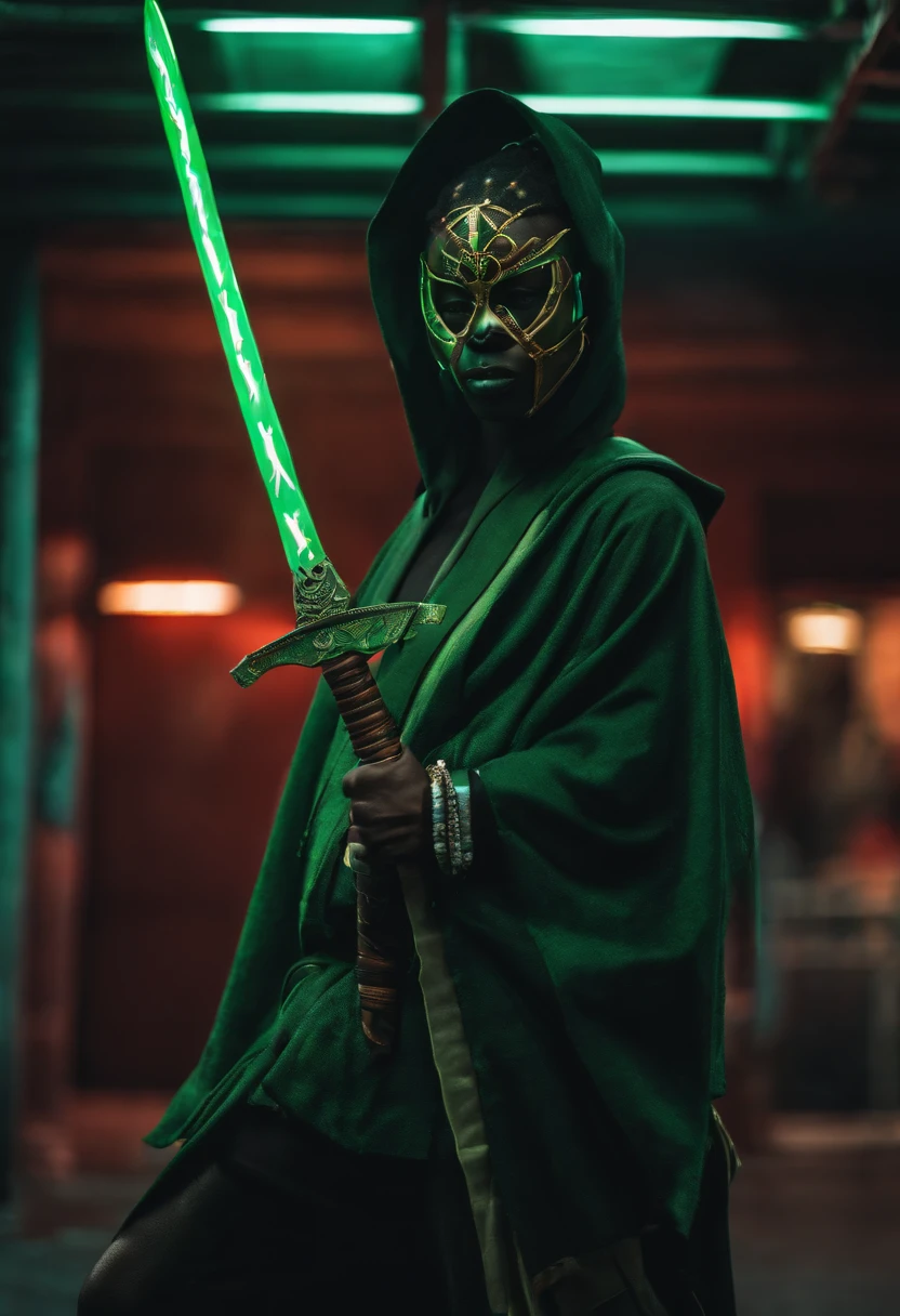 African personagen in black and green kimono mask and hood with a cyberpunk style katana at the waist
