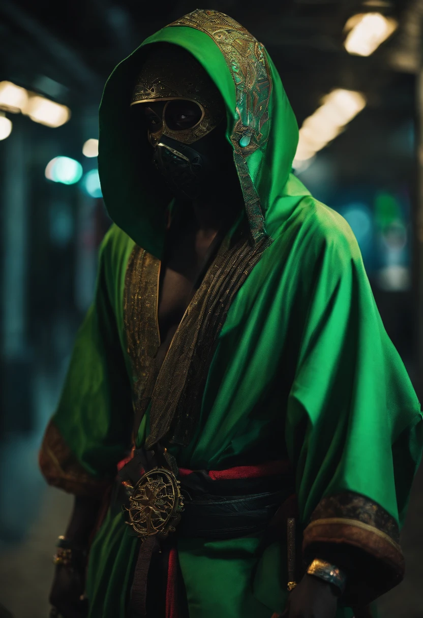 African personagen in black and green kimono mask and hood with a cyberpunk style katana at the waist