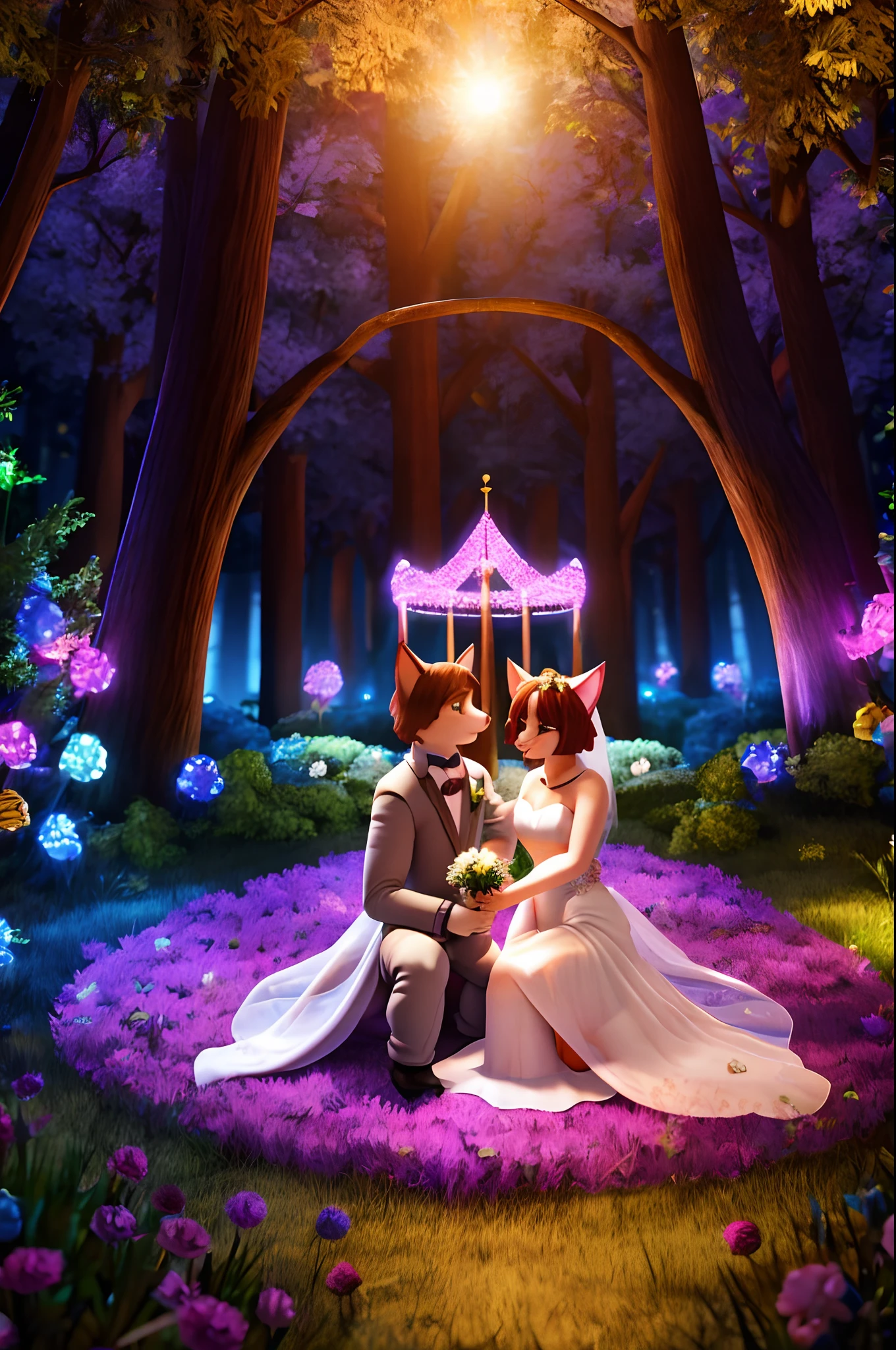 A couple of cats getting married in a magical forest, front position - 3d style