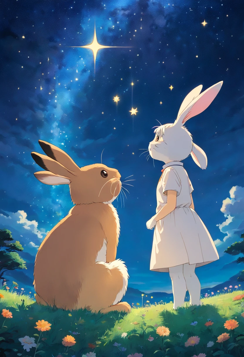 There are many stars in the night sky，Rabbit and mother rabbit look up and count the stars