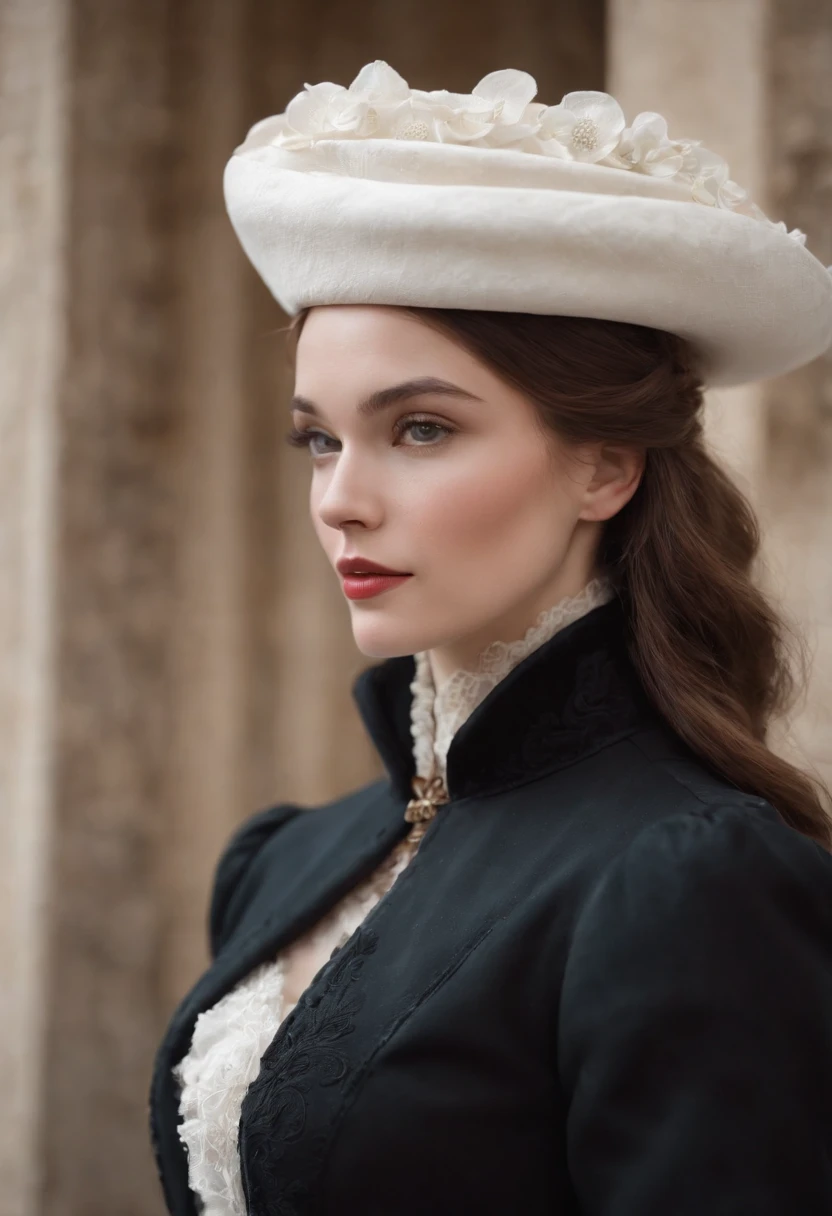 a model wears a black coat and a white hat, in the style of 32k uhd, rococo elegance, vintage-inspired designs, bold curves, ferrania p30, limited color range, english school, dark academia