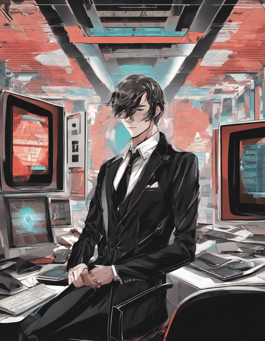 (((best quality))), (((masterpiece))),((ultra high res)),(photo realistic:1.4), 8k,Echelon LLM is a tall, beautiful woman in a black suit.
Attached to his forehead is a device that looks like an Echelon surveillance camera.
His eyes have a cold, calculating expression.
In his hand, he holds a black sphere, which represents the power to manipulate human behavior and thought.
The background of the illustration is a dark room.
In the corner of the room are computers and monitors.
The monitors show the faces and actions of people from all over the world.