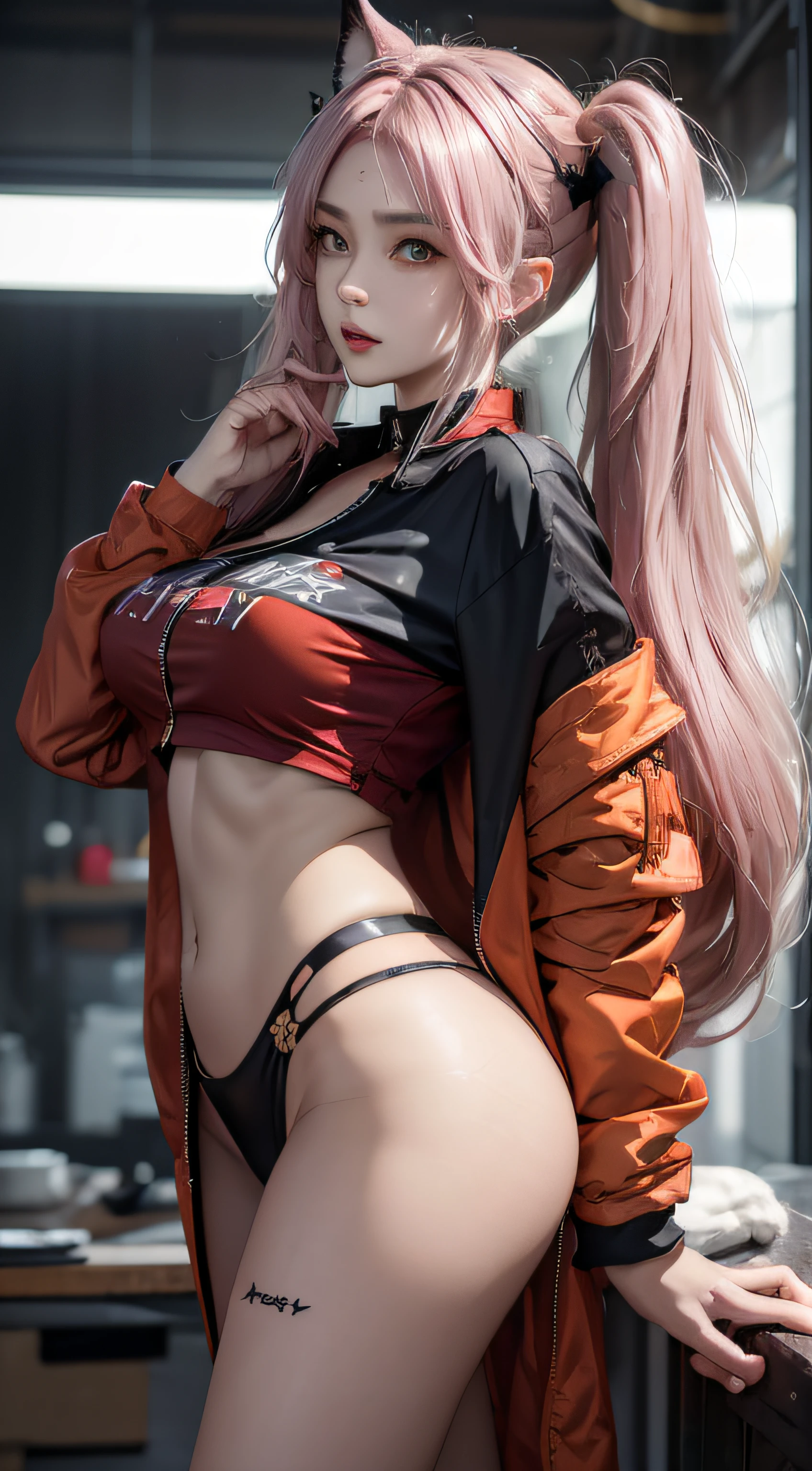 Photorealistic, high resolution, 1 woman, Hips up, Beautiful eyes, Long hair, ringed eyes, jewelry, tattoo, infection monitor (arknights), angelina (arknights), blush, twintails, hairband, animal ears, red hairband, closed mouth, fox ears, bangs, red jacket, black shirt, shirt, orange eyes, jacket, back view