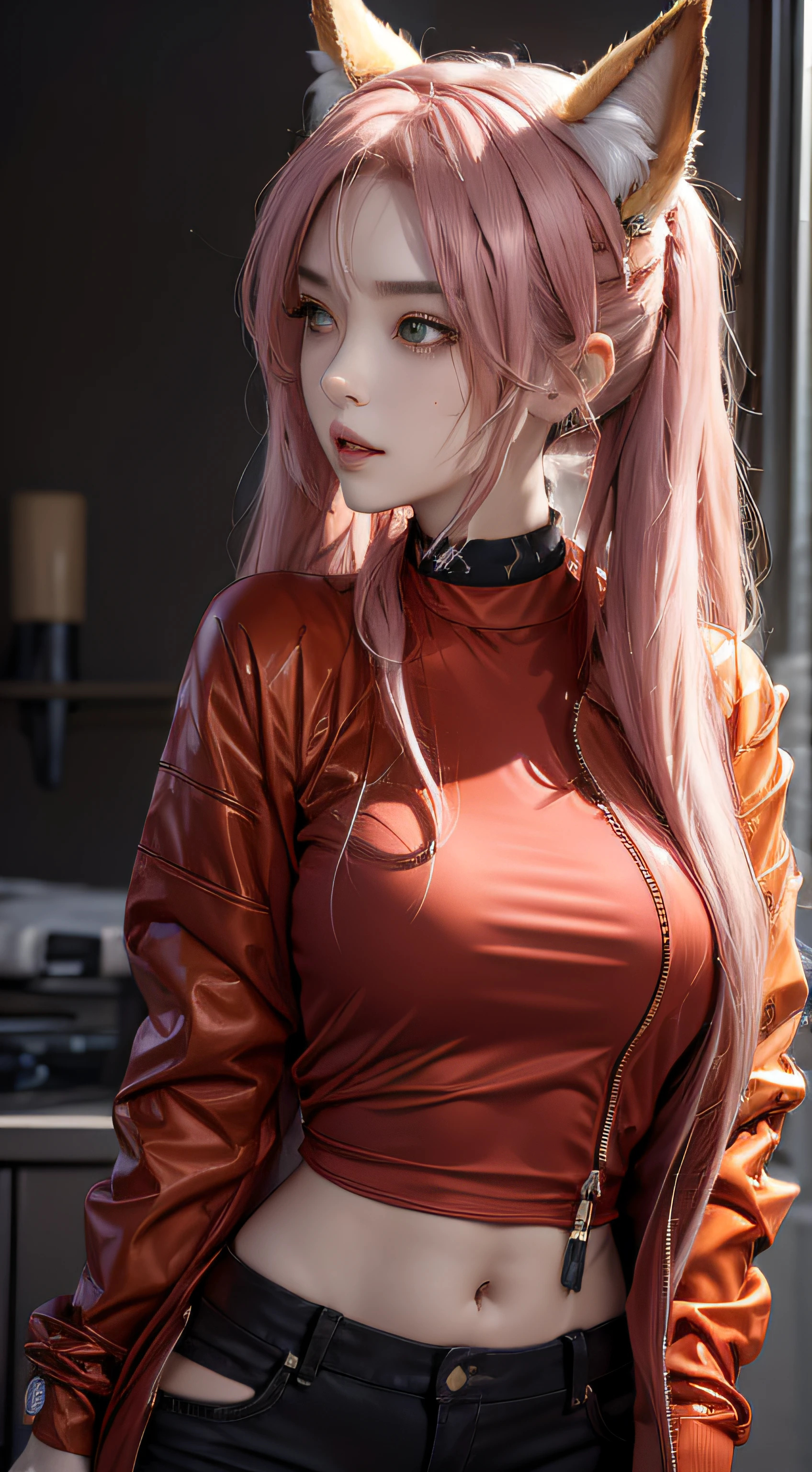 Photorealistic, high resolution, 1 woman, Hips up, Beautiful eyes, Long hair, ringed eyes, jewelry, tattoo, infection monitor (arknights), angelina (arknights), blush, twintails, hairband, animal ears, red hairband, closed mouth, fox ears, bangs, red jacket, black shirt, shirt, orange eyes, jacket, back view