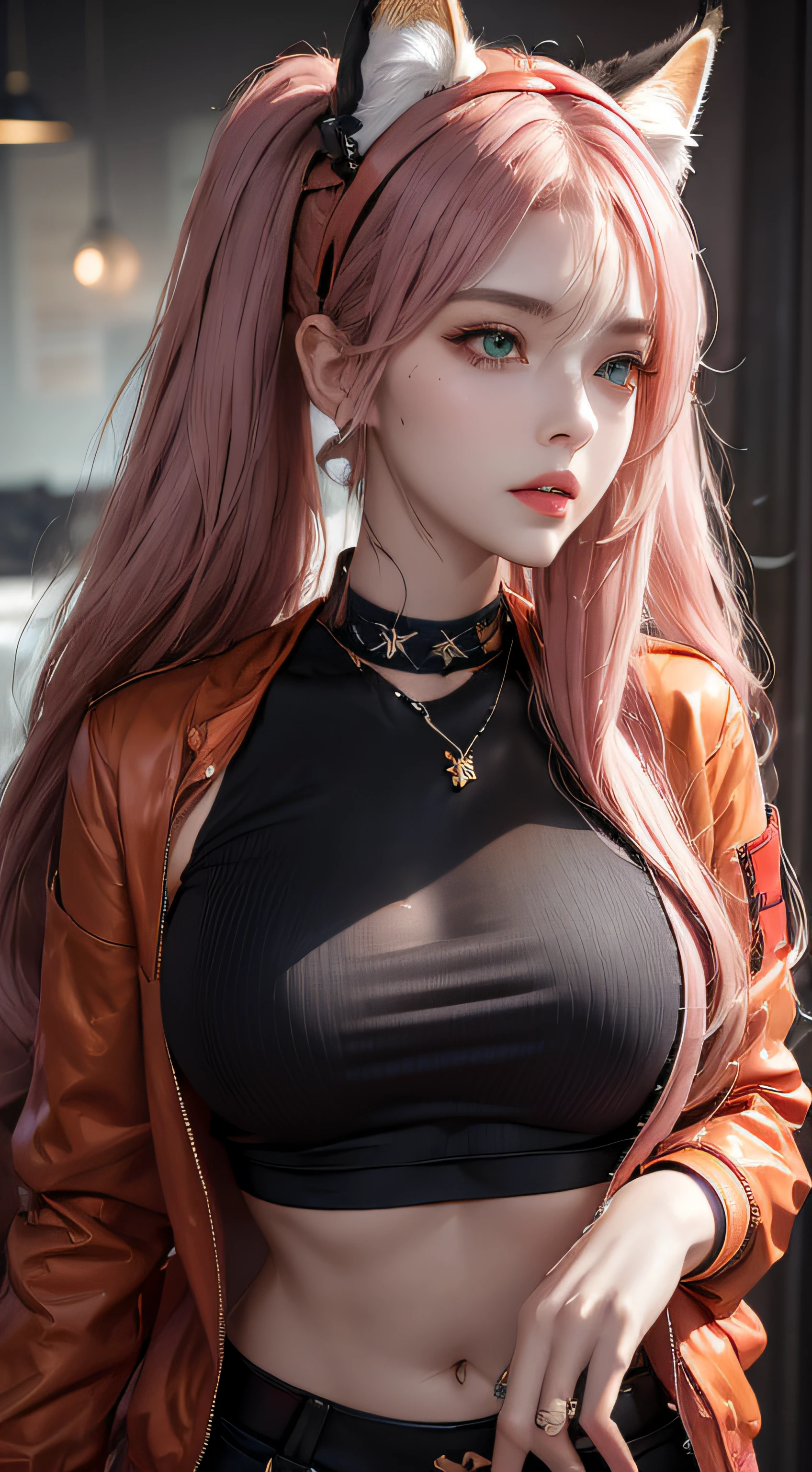 Photorealistic, high resolution, 1 woman, Hips up, Beautiful eyes, Long hair, ringed eyes, jewelry, tattoo, infection monitor (arknights), angelina (arknights), blush, twintails, hairband, animal ears, red hairband, closed mouth, fox ears, bangs, red jacket, black shirt, shirt, orange eyes, jacket, back view