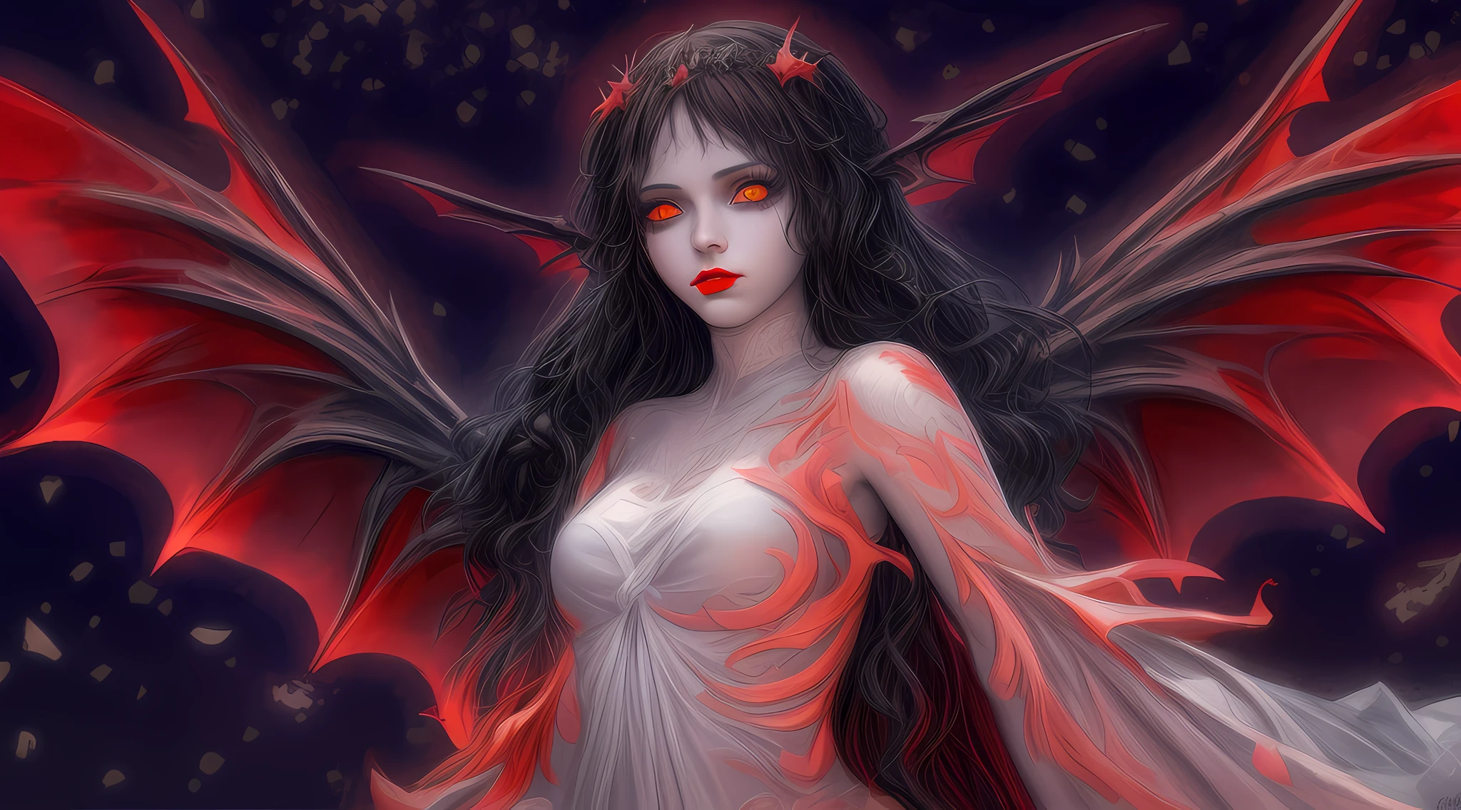 dark fantasy art, gothic art, illustration of a sexy beautiful female fairy standing under the starry night sky at the dark forest, full distant shot, full body (best detailed, Masterpiece, best quality), ultra detailed face (best detailed, Masterpiece, best quality), ultra feminine (best detailed, Masterpiece, best quality), (red skin: 1.3), black hair, wavy hair, dynamic eyes color, yellow glowing eyes, intense eyes, red lips, wearing white dress, dark elegant style dress (ultra detailed, Masterpiece, best quality: 1.3), black and red bat wings bat_wings (ultra detailed, Masterpiece, best quality), red veins, wearing high heeled boots, sky full of stars background, moon, best details, best quality, 16K, [ultra detailed], masterpiece, best quality, (ultra detailed), full body, ultra wide shot, photorealistic, dark fantasy art, gothic art,