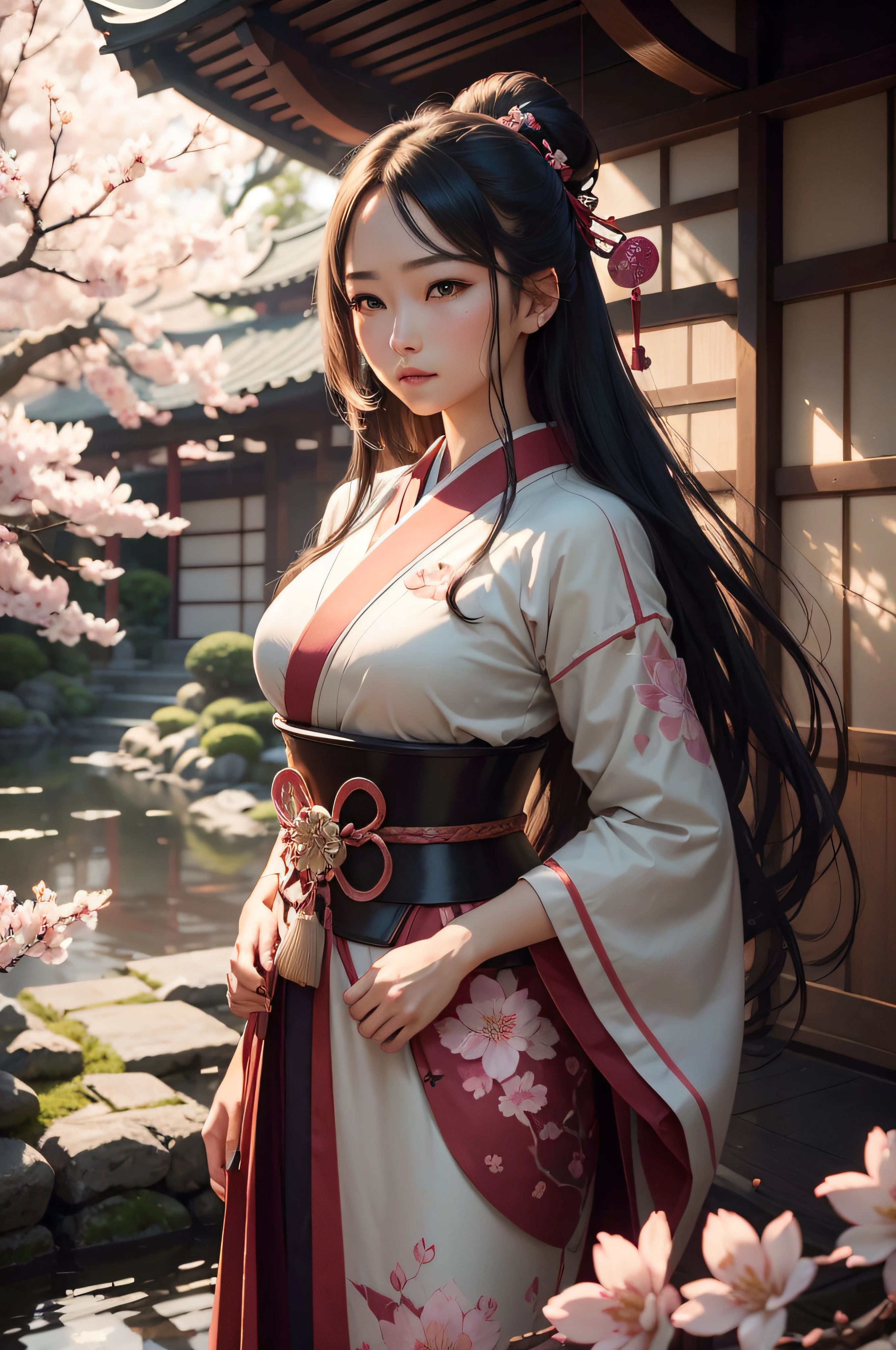A young woman in a traditional Japanese samurai attire stands gracefully amidst a vibrant cherry blossom garden. Her long, flowing hair dances in the gentle breeze as she holds a gleaming katana, symbolizing strength and resilience. Her mesmerizing eyes, radiant with determination and courage, captivate all who gaze upon her. The delicate petals of the cherry blossoms fall softly around her, creating a picturesque scene of tranquility and beauty. The artwork is created with the finest attention to detail, resulting in a high-resolution masterpiece that showcases the intricate textures and colors of each element. The overall aesthetic exudes a sense of realism and photorealism, evoking a profound emotional connection with the viewers. The lighting is carefully curated, casting soft warm tones that accentuate the ethereal beauty of the scene. This prompt has a strong emphasis on a mix of Japanese culture and traditional art style, infusing elements of nature, strength, and femininity to create a harmonious and captivating composition.