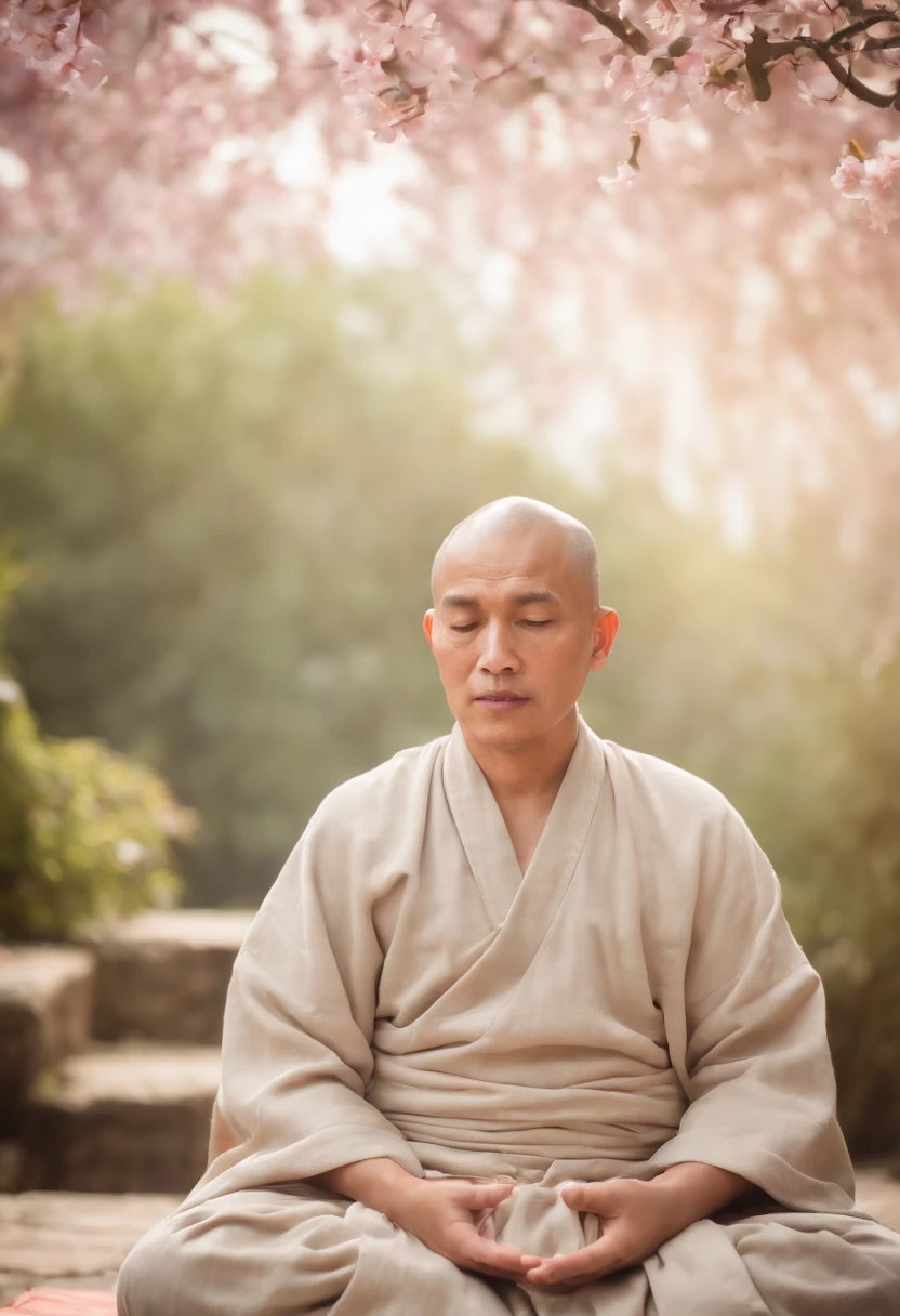 1 Buddhist Monk ((baldie)). meditation. calm. silence. Serene posture. eyes locked. Traditional white robe. smooth light. rise sun. green field. wildflowers. morning mist. mountains in the background, PICTURE REALISTIC, front view