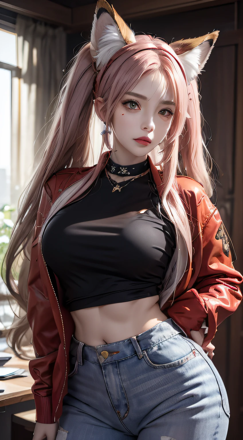 Photorealistic, high resolution, 1 woman, Hips up, Beautiful eyes, Long hair, ringed eyes, jewelry, tattoo, infection monitor (arknights), angelina (arknights), blush, twintails, hairband, animal ears, red hairband, closed mouth, fox ears, bangs, red jacket, black shirt, shirt, orange eyes, jacket, back view