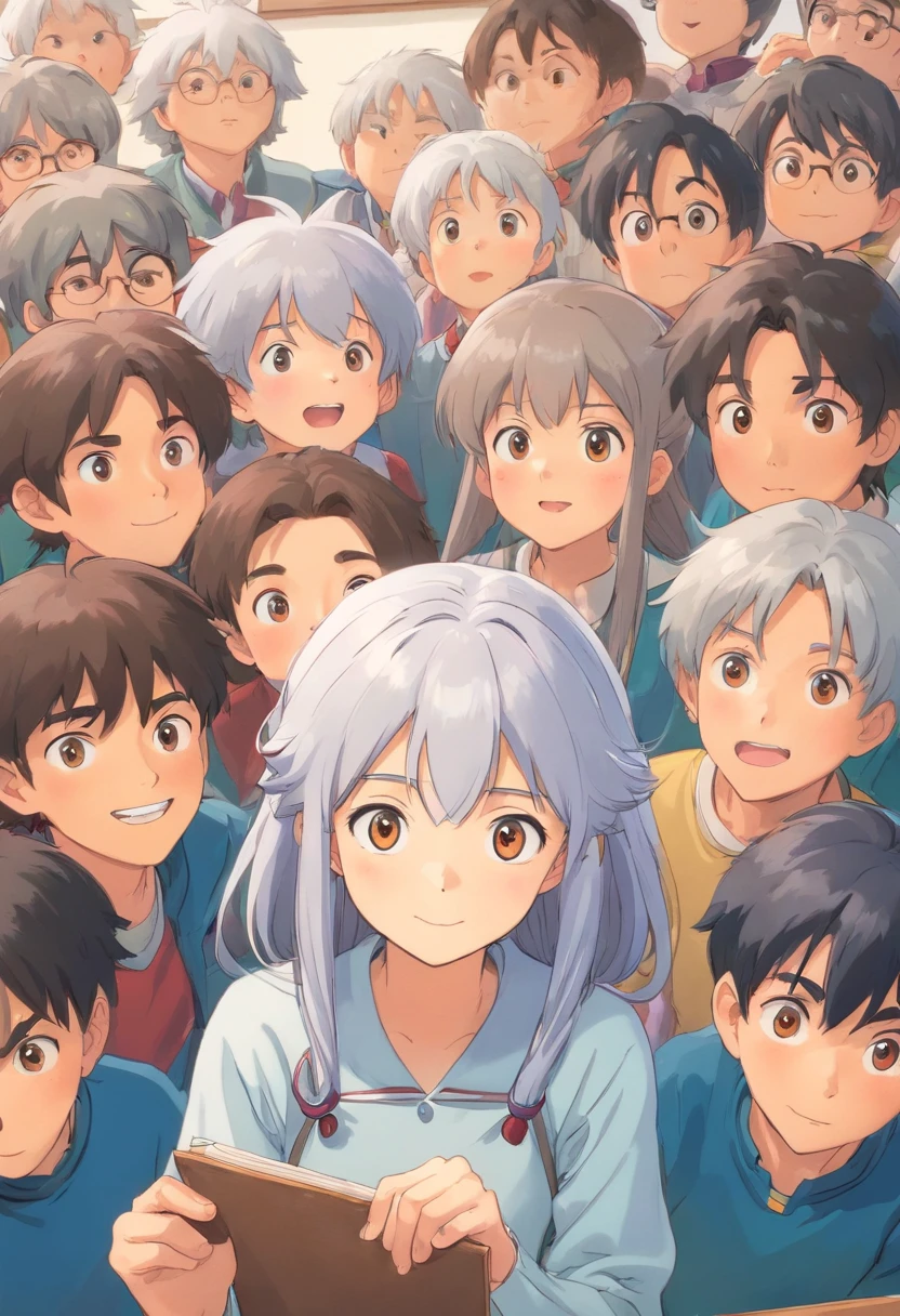 In the classroom，A girl with silver hair was surrounded by many boys