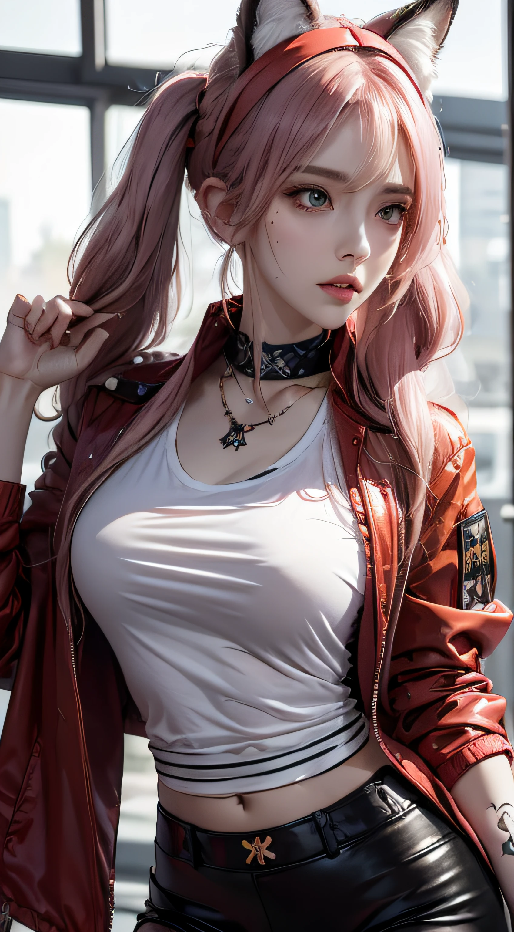 Photorealistic, high resolution, 1 woman, Hips up, Beautiful eyes, Long hair, ringed eyes, jewelry, tattoo, infection monitor (arknights), angelina (arknights), blush, twintails, hairband, animal ears, red hairband, closed mouth, fox ears, bangs, red jacket, black shirt, shirt, orange eyes, jacket, back view