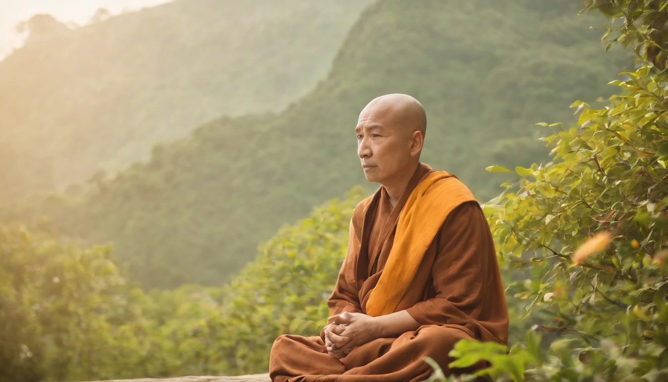 An illustration of a wise monk in meditation, cercado por um jardim de cerejeiras em flor, birds flying in the sky, transbordando serenidade e sabedoria, --Niji style with delicate strokes and soft colors,
