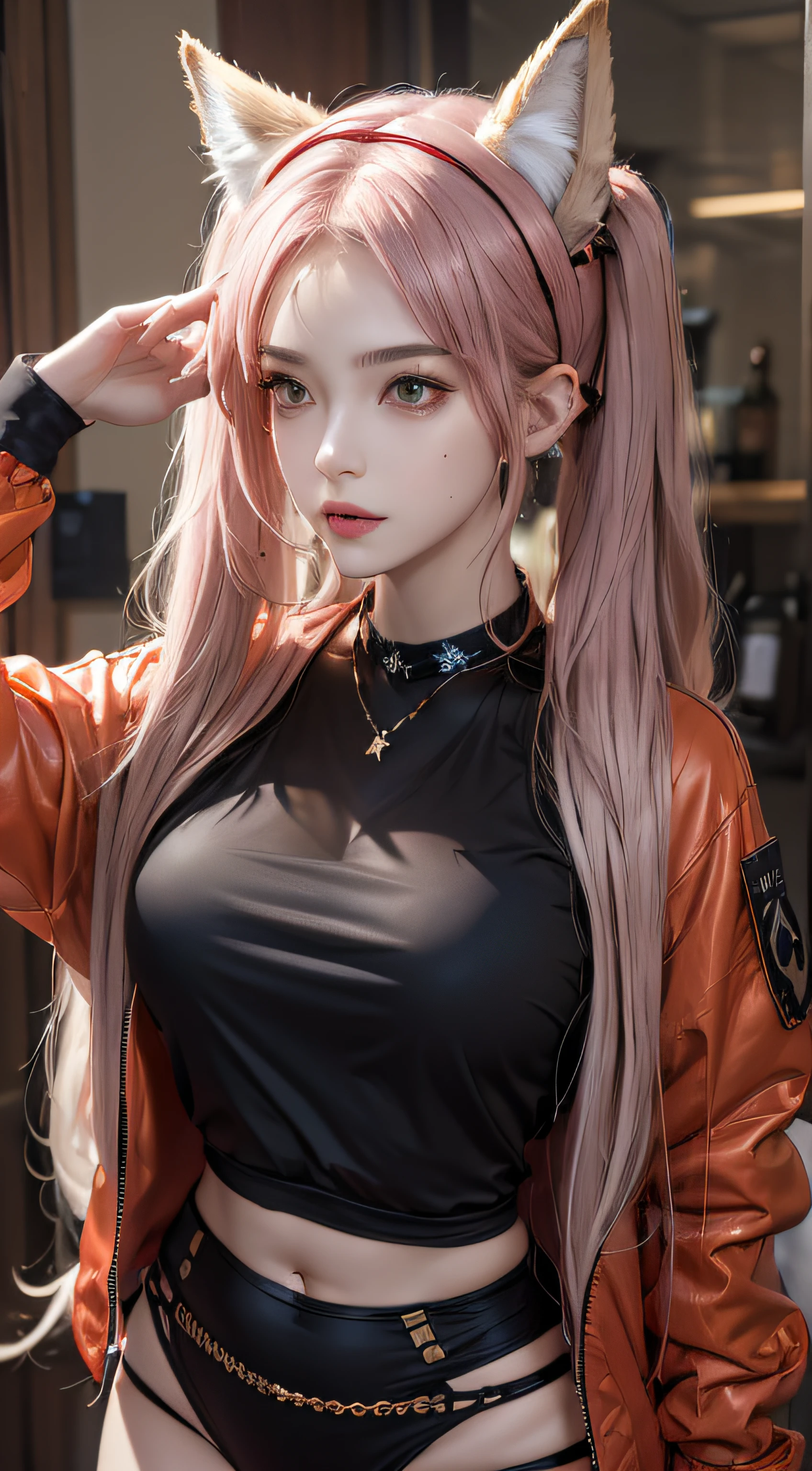 Photorealistic, high resolution, 1 woman, Hips up, Beautiful eyes, Long hair, ringed eyes, jewelry, tattoo, infection monitor (arknights), angelina (arknights), blush, twintails, hairband, animal ears, red hairband, closed mouth, fox ears, bangs, red jacket, black shirt, shirt, orange eyes, jacket, back view