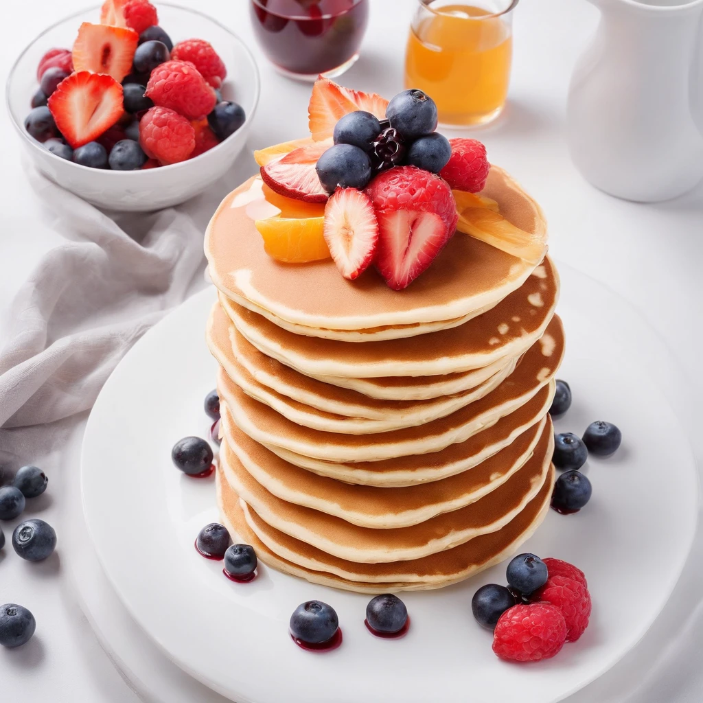 Pancakes with fruit on top,syrup, masterpiece,top-quality,professional photograpy,detail portrayal,8K,the background is white