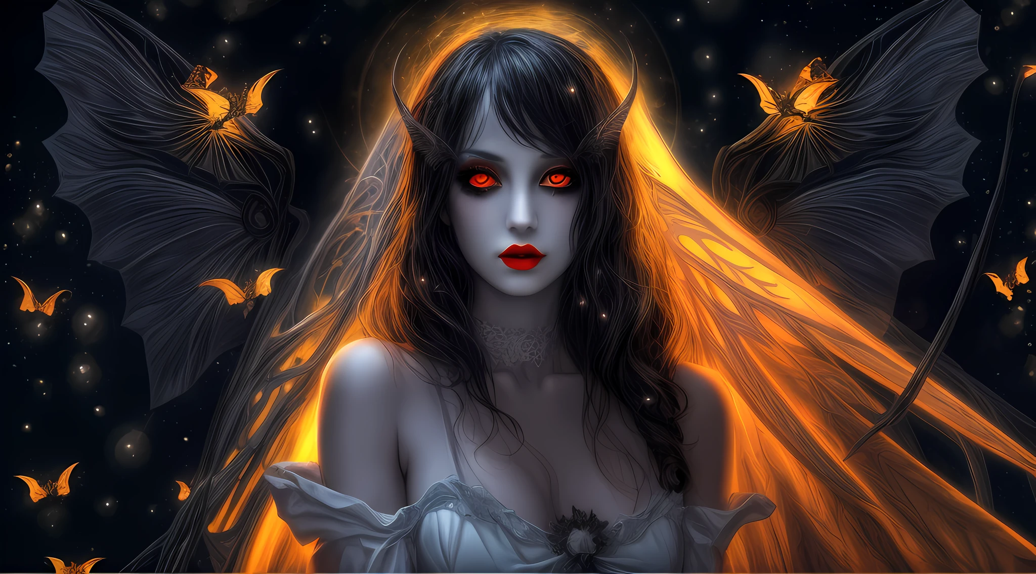 dark fantasy art, gothic art, illustration of a sexy beautiful female fairy standing under the starry night sky at the dark forest, full distant shot, full body (best detailed, Masterpiece, best quality), ultra detailed face (best detailed, Masterpiece, best quality), ultra feminine (best detailed, Masterpiece, best quality), (red skin: 1.3), black hair, wavy hair, dynamic eyes color, yellow glowing eyes, intense eyes, red lips, wearing white dress, dark elegant style dress (ultra detailed, Masterpiece, best quality: 1.3), black and red bat wings bat_wings (ultra detailed, Masterpiece, best quality), red veins, wearing high heeled boots, sky full of stars background, moon, best details, best quality, 16K, [ultra detailed], masterpiece, best quality, (ultra detailed), full body, ultra wide shot, photorealistic, dark fantasy art, gothic art,