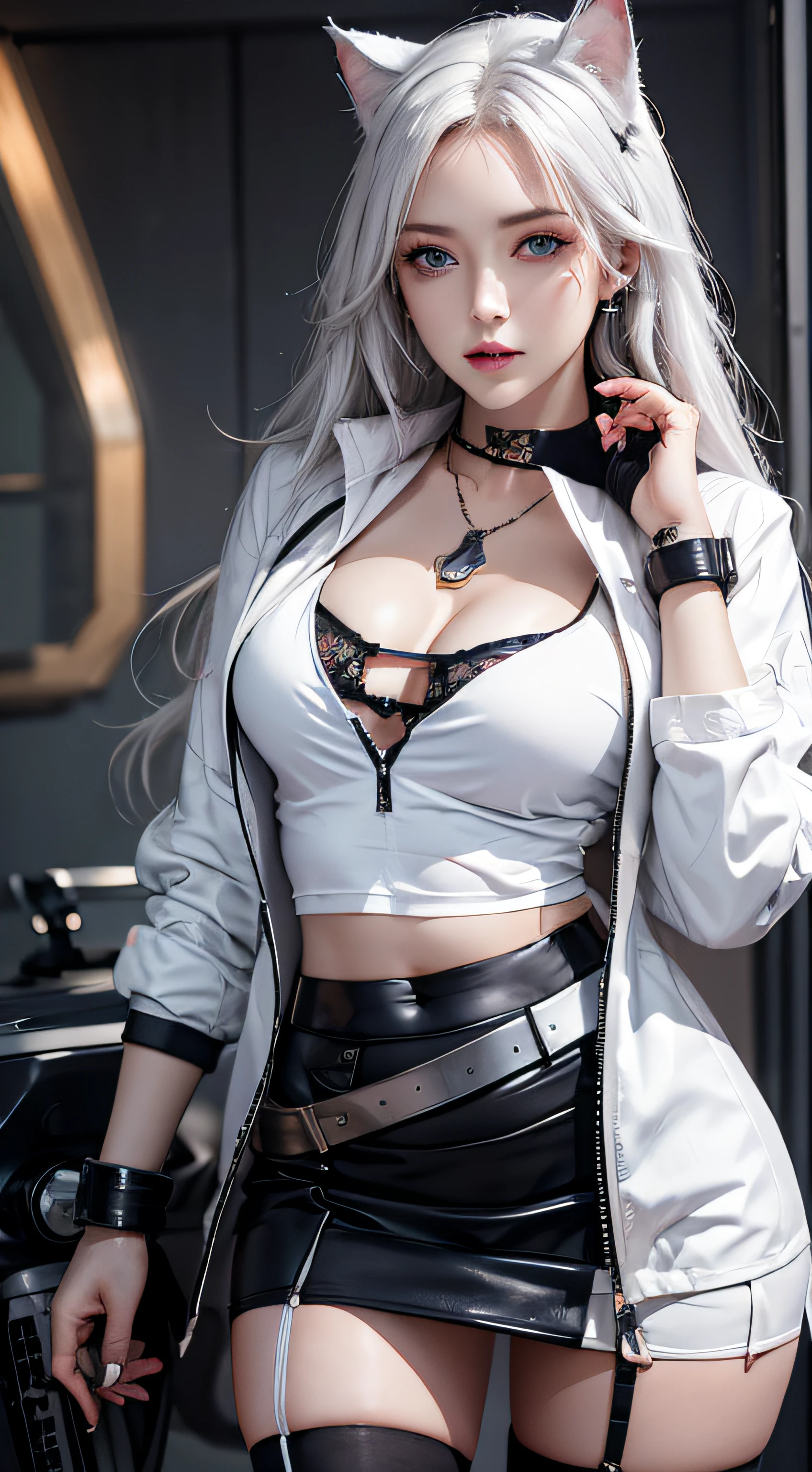 Photorealistic, high resolution, 1 woman, Hips up, Beautiful eyes, Long hair, ringed eyes, jewelry, tattoo, outfit-Blaze, cat ears, white bra, white jacket, black skirt, thigh highs, blue eyes, chainsaw