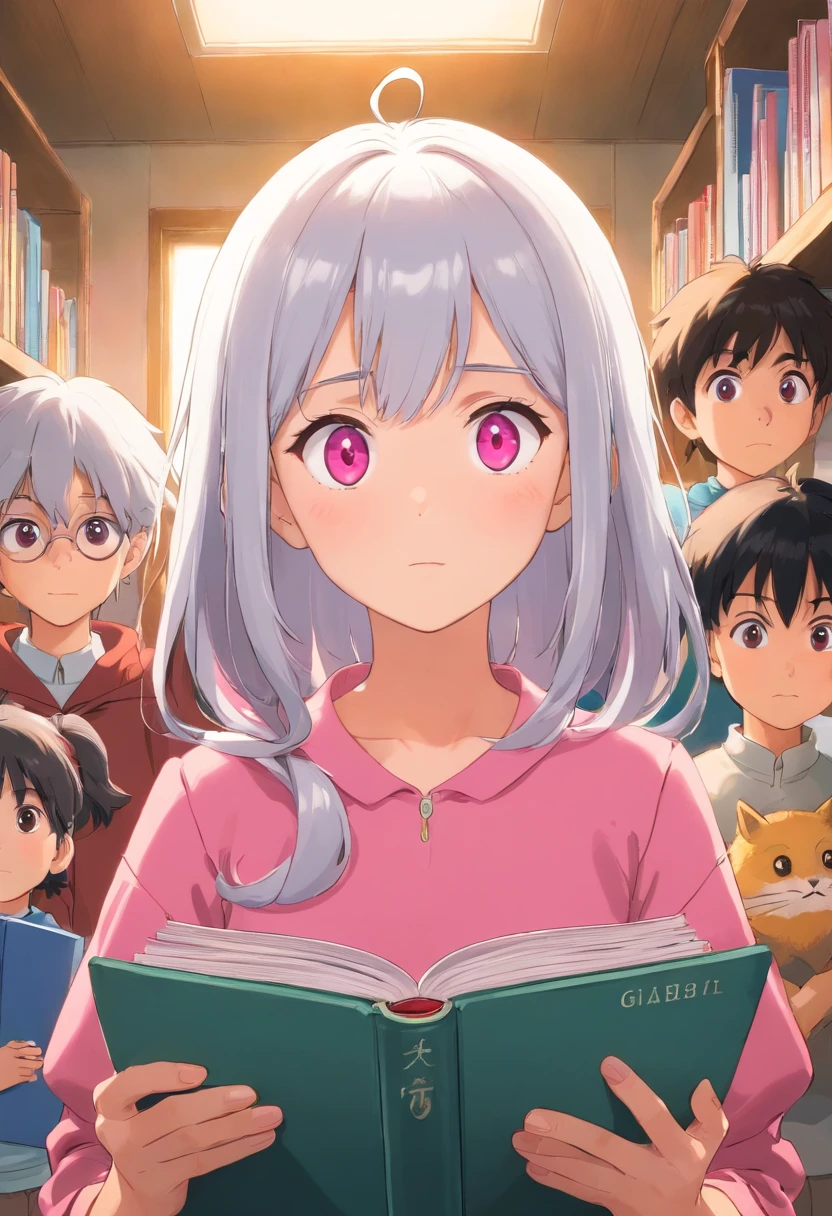 In the classroom，Girl with silver hair and pink eyes reading seriously，There are 3 boys peeking at her behind