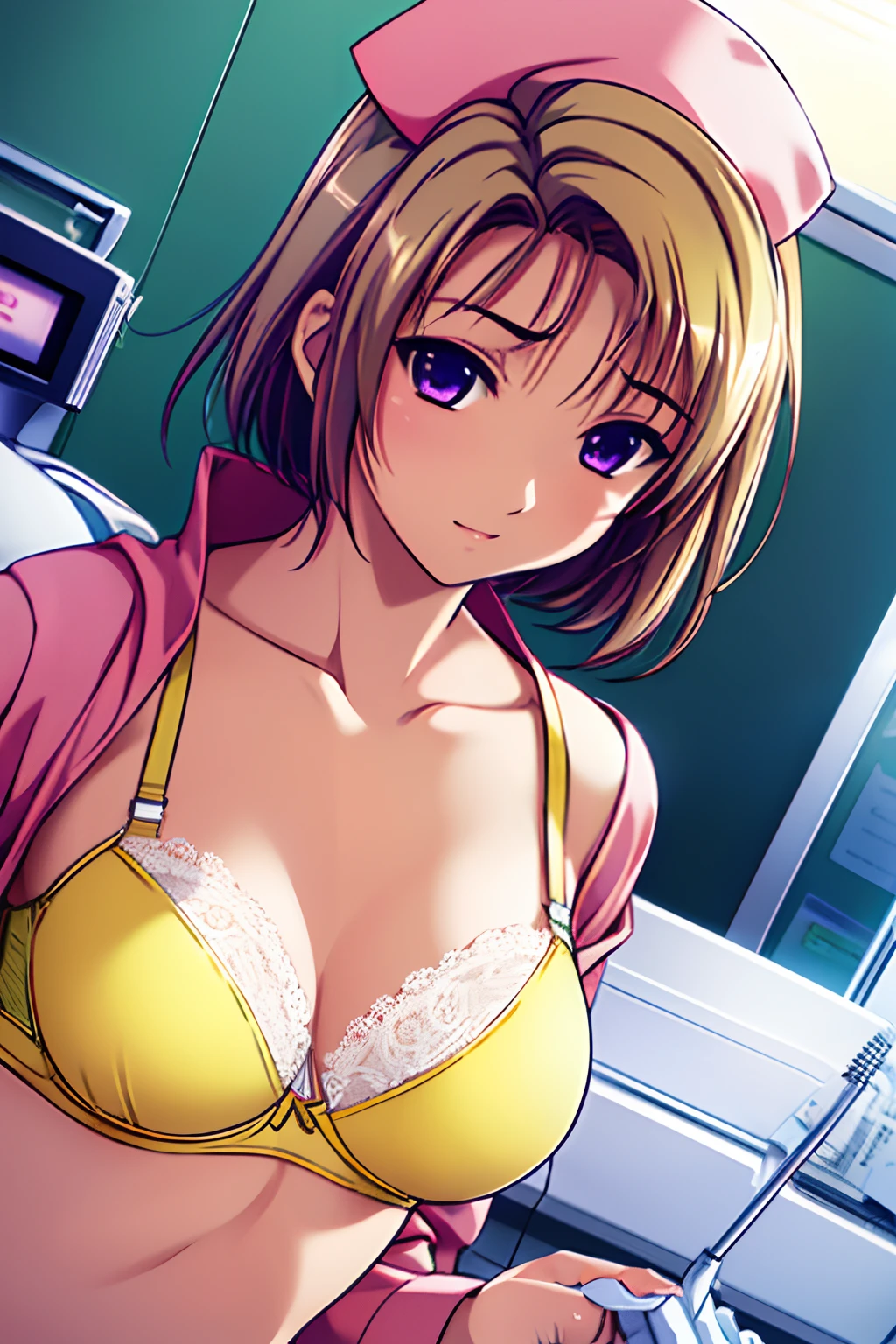 1girl in, Remi, ((Doctor's Room:1.4)), ((pink nurse uniform)), ((Yellow Bra:1.4)), ''Shorthair, a blond, Straight hair)), Purple eyes, Solo, ((Solo Focus, female focus, Face Focus, view from front)), Upper body, Open your clothes, Show off your breasts, Erect , Covered , Accurate body drawing based on the human skeleton, Accurate body drawing based on human anatomy