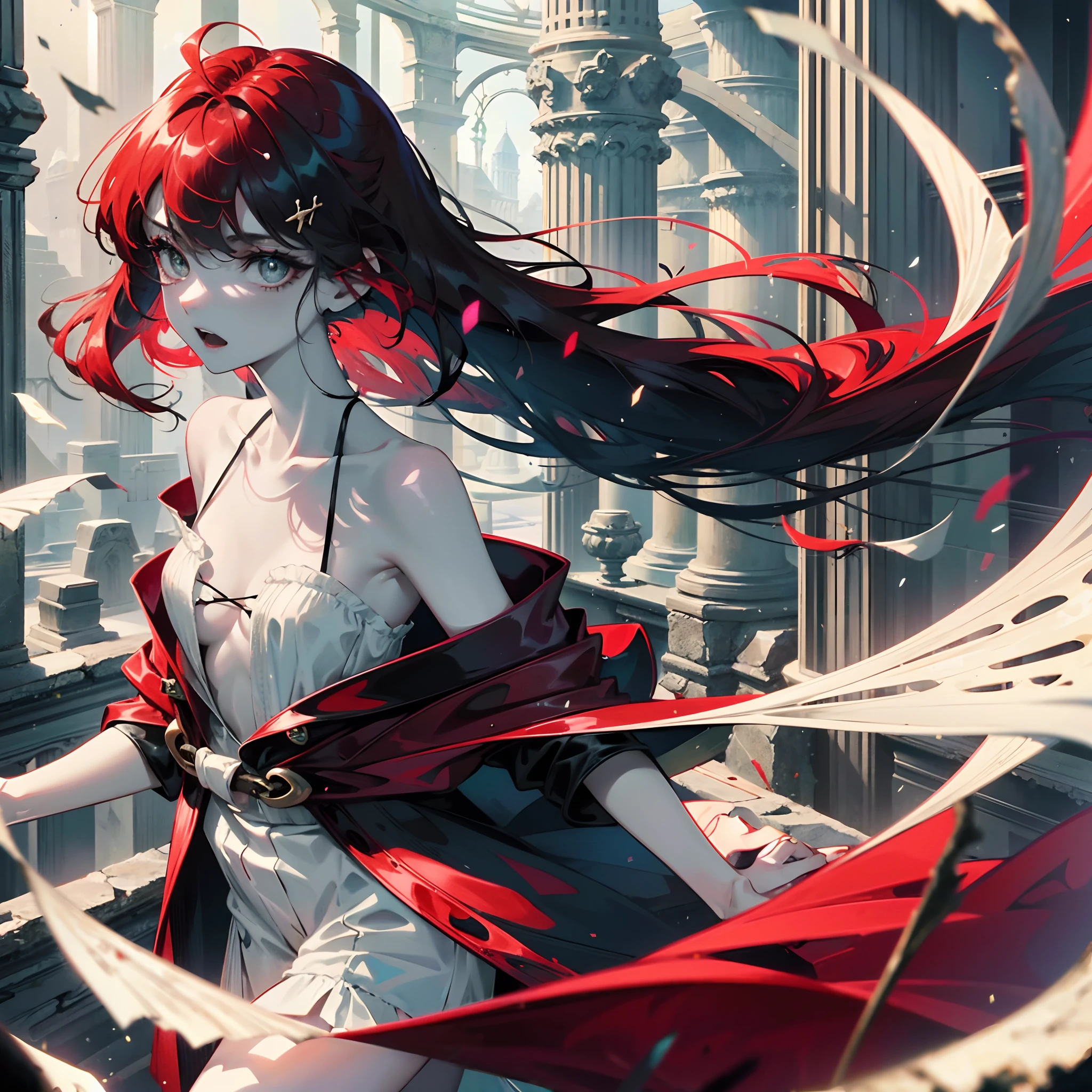 Best quality, highest resolution, 1 girl, solo, little child, pale skin, Dark red hair with dark blue and green fringes, very long hair, white eyes, pale eyes, delicate body, open mouth, showy robe, ruined inner room of ancient ruins as background, grey with blue shades background