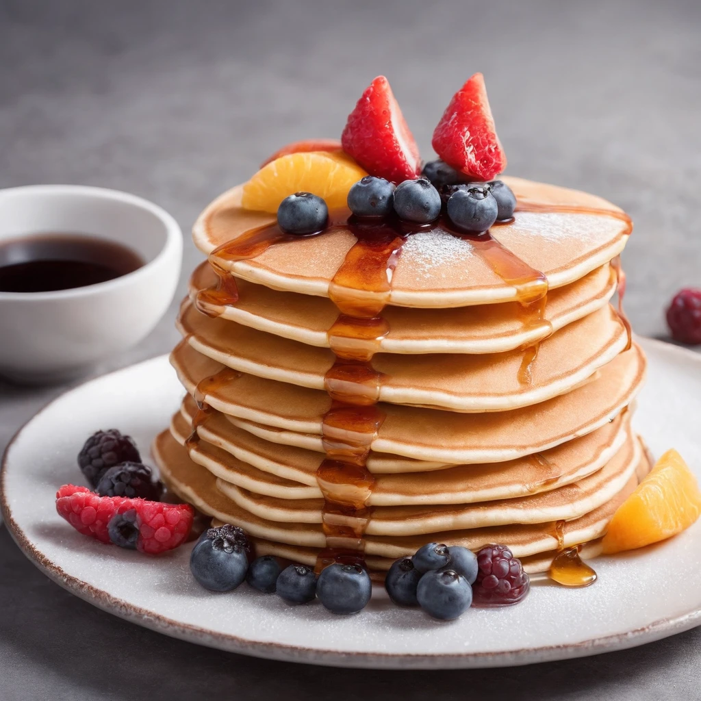 Pancakes with fruit,syrup, masterpiece,top-quality,professional photograpy,detail portrayal,8K,the background is white