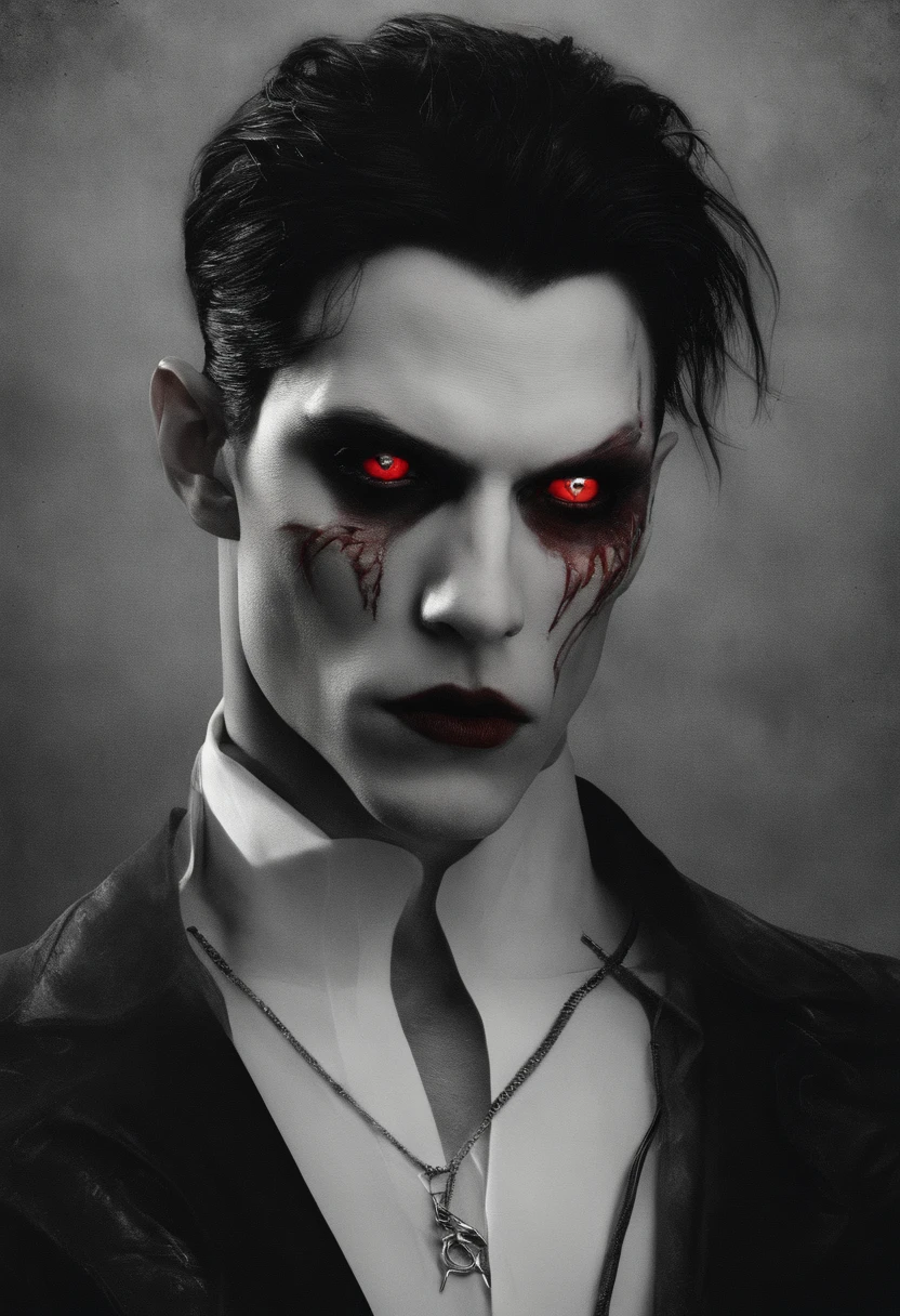 high quality photorealistic image of a man with black hair and red eyes wearing a choke, androgynous vampire, vampire of clan lasombra, male vampire, male vampire evil devious male, handsome male vampire, ((red)) baggy eyes, red eyes wearing goth makeup, black ((Black)) lipstick dark piercing eyes, with haunted eyes and dark hair. MALE gender neutral androgenous beautiful young man, sharp jaw, male features, porcelain skin