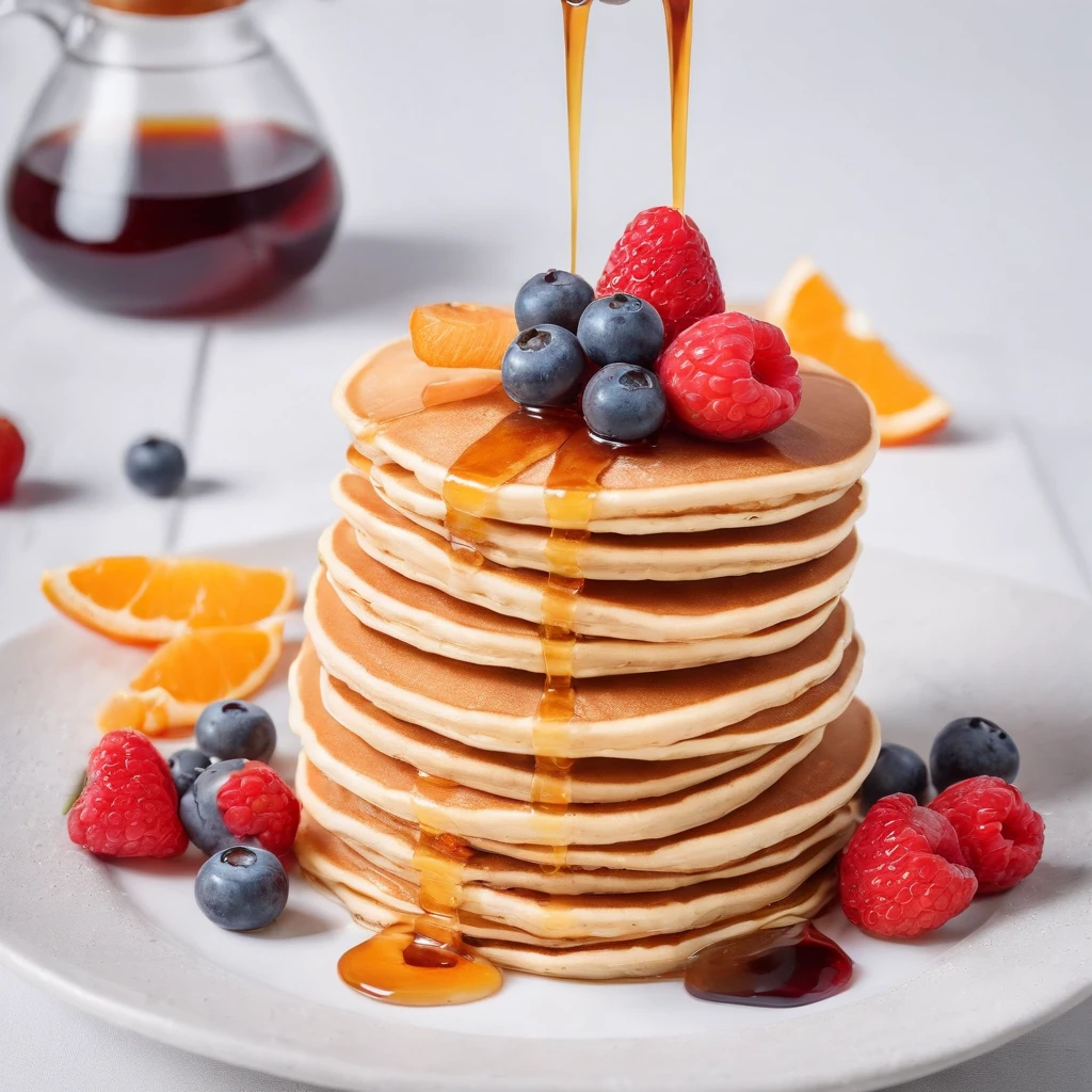 Pancakes with fruit,syrup, masterpiece,top-quality,professional photograpy,detail portrayal,8K,the background is white