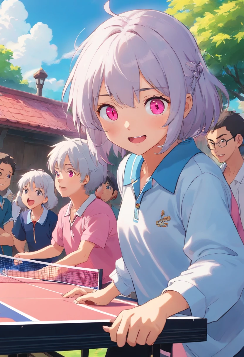 In the playground,Girl with silver hair and pink eyes playing table tennis,There was a group of boys laughing badly around him