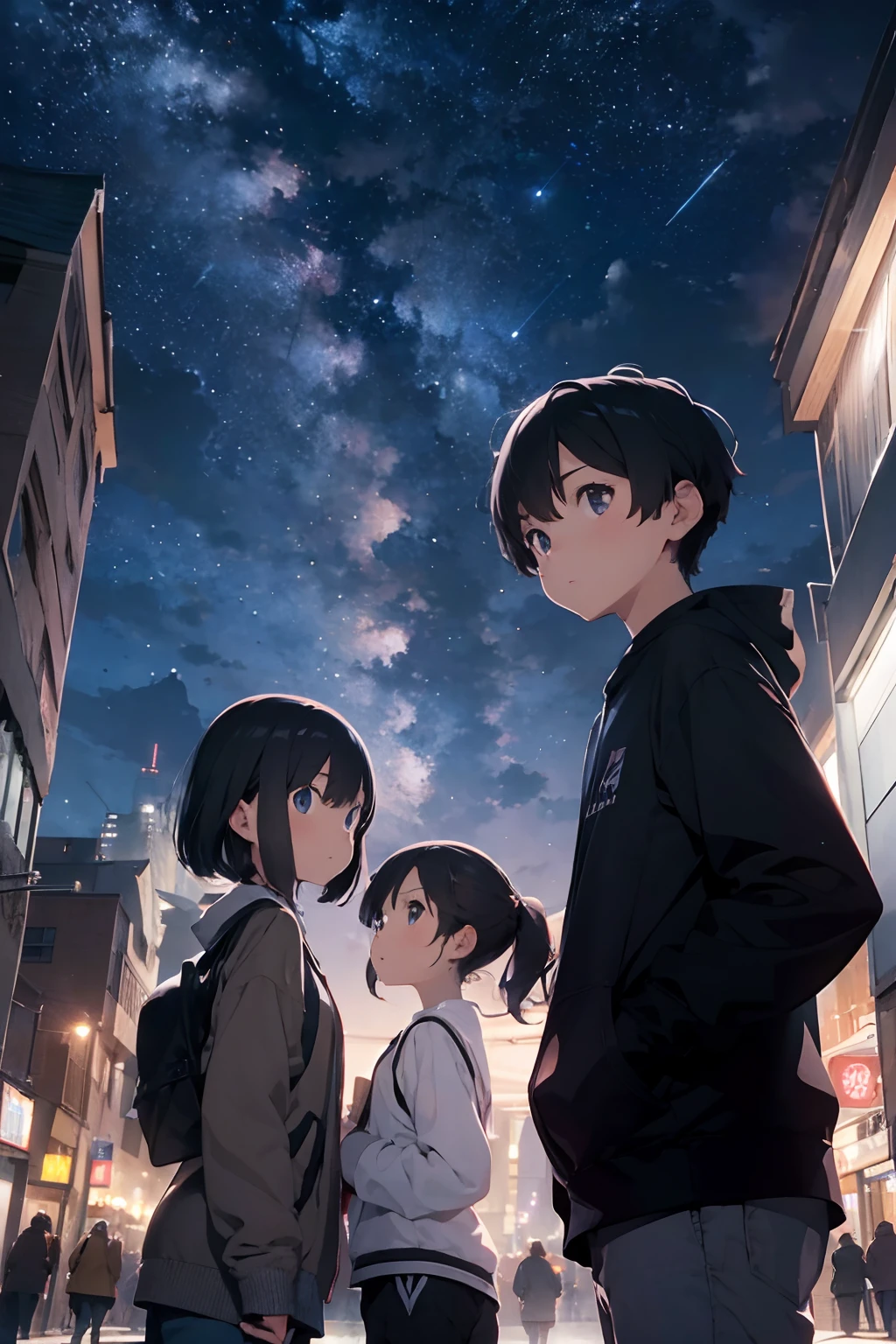 2 boys and 3 girls looking at the night sky, low angle shot, city, high res, ultrasharp, 8K, masterpiece, beatiful, casual clothes