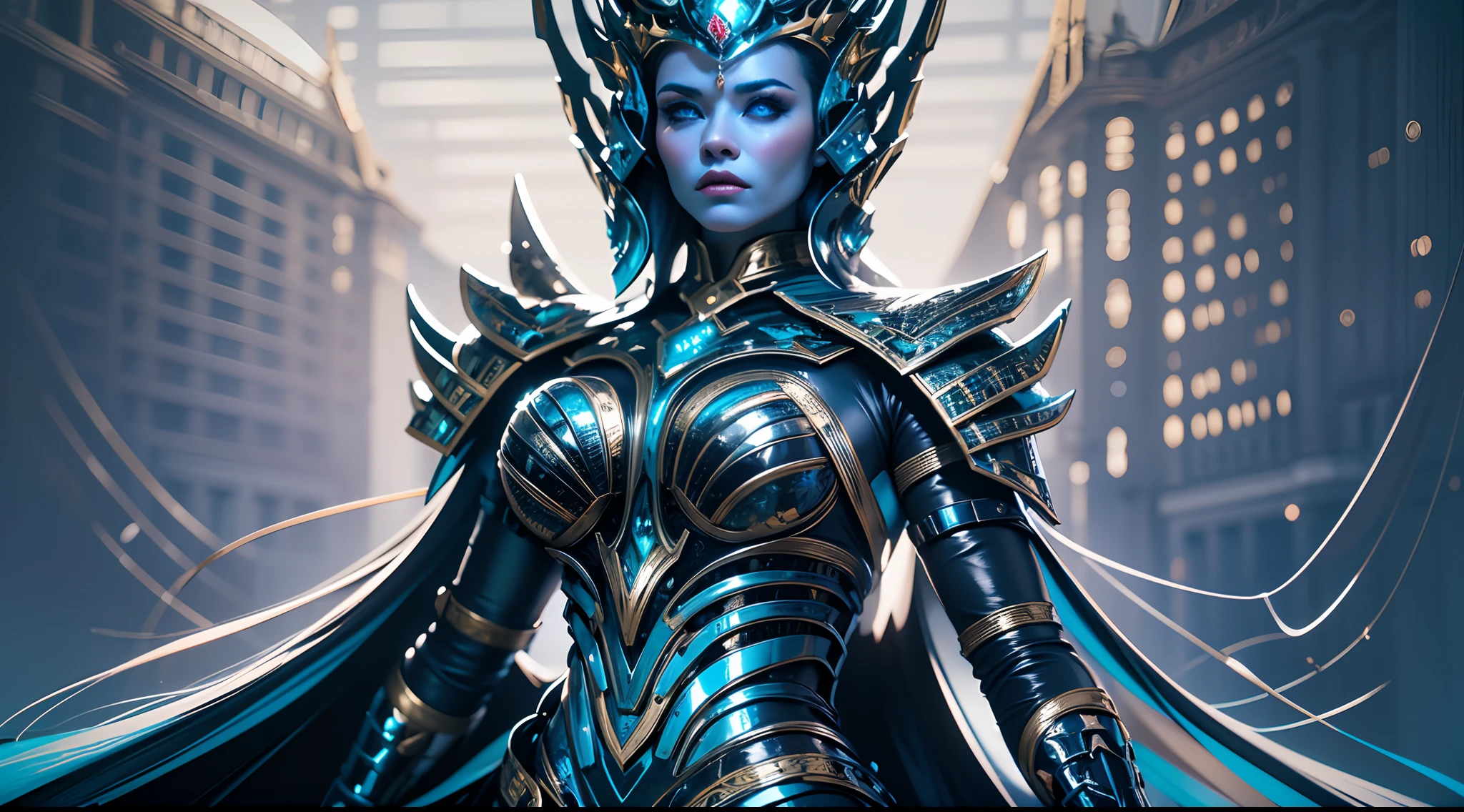 Ultra sensual woman in futuristic armor with a crown on her head, em cores preto e azul, Fantastic theme and science fiction, armadura com ramos e folhas de videira, extremamente feminina, ciborgue estilo exterminador do futuro, cinematic goddess, foto de corpo inteiro.