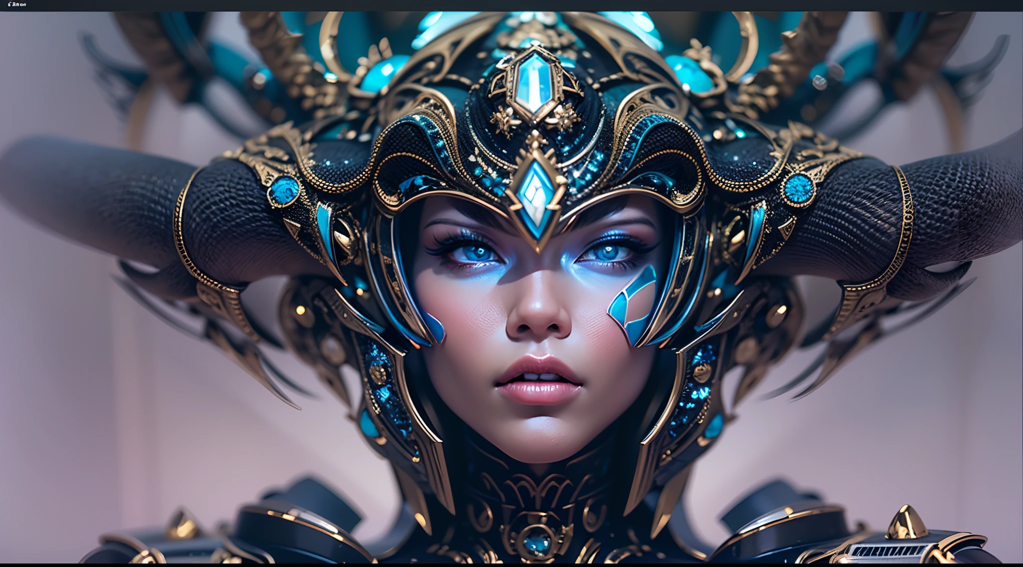 Ultra sensual woman in futuristic armor with a crown on her head, em cores preto e azul, Fantastic theme and science fiction, armadura com ramos e folhas de videira, extremamente feminina, ciborgue estilo exterminador do futuro, cinematic goddess, foto de corpo inteiro.