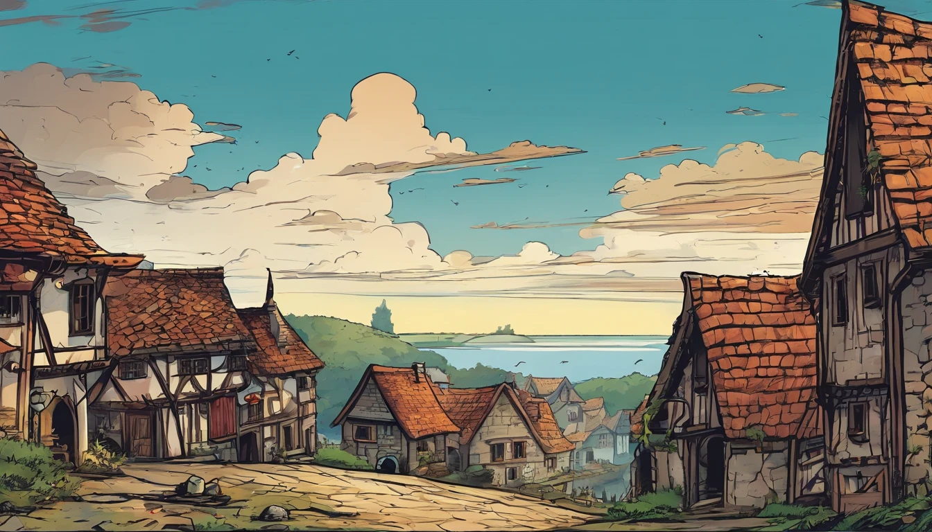 dark stomry sky, low-angle, medieval village, abandonned