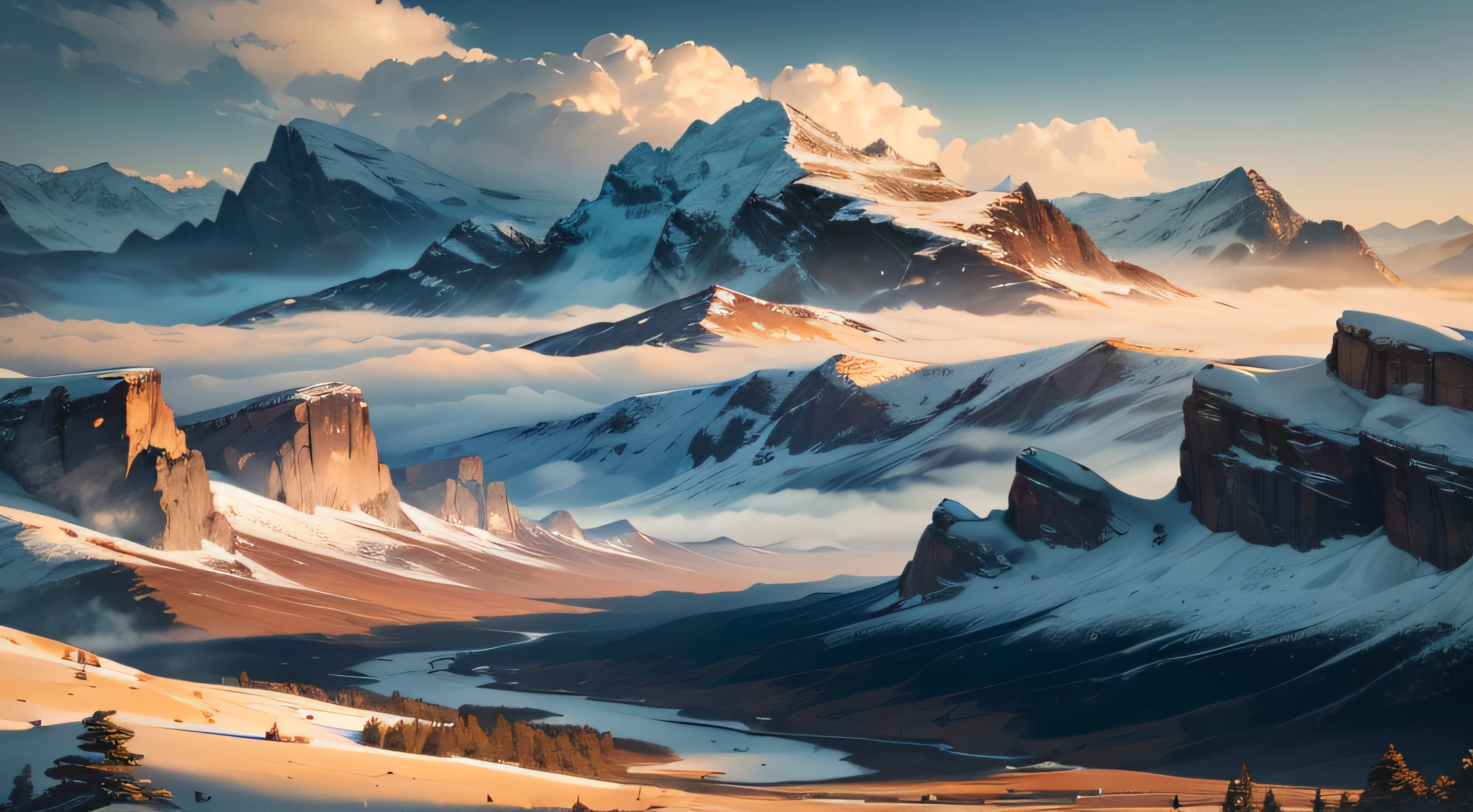 (best quality,4k,8k,highres,masterpiece:1.2),ultra-detailed,(realistic,photorealistic,photo-realistic:1.37),landscape,mountain,drone view,dramatic lighting,vivid colors,crisp details,deep valleys,rolling hills,pristine snow-capped peaks,majestic cliffs,winding trails,eagles soaring,serene atmosphere,unspoiled nature,panoramic vista,majestic beauty,immersive experience,awe-inspiring scenery,harmonious color palette,majestic mountain range,expansive sky,fleecy clouds,golden sunlight bathing the landscape,sublime and tranquil scene,distant misty clouds draped over the peaks,soft morning glow casting a golden hue over the mountains,ethereal atmosphere,steep slopes and rugged terrain,far-reaching views,glimpse of untouched wilderness,impressive scale and grandeur,perfectly captured beauty,mesmerizing landscape,awe-inspiring natural wonder.