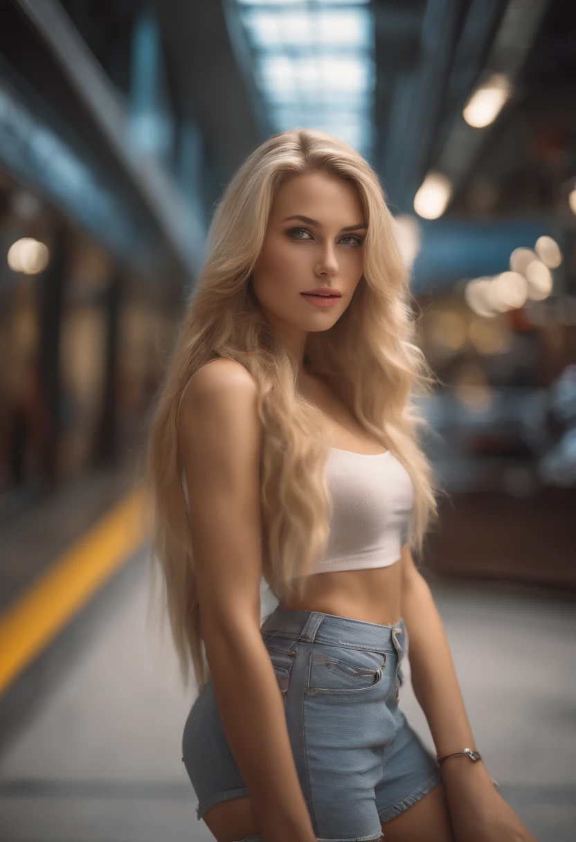 gorgeous woman with long wavy blonde hair, detailed alluring eyes, long sexy legs, wearing tiny shorts, red crop top t-shirt, in a mall parking, ((detailed facial features)), (finely detailed skin), pale skin, realistic skin texture, extreme skin details, (pores:0.1), in the background beautiful futuristic cyberpunk city, best quality masterpiece, photorealistic, hyperrealistic, detailed, 8k, HDR, (Soft color: 1.2), shallow depth of field, broad light, high contrast, backlighting, bloom, light sparkles, chromatic aberration, sharp focus, RAW color photo, without background blur
